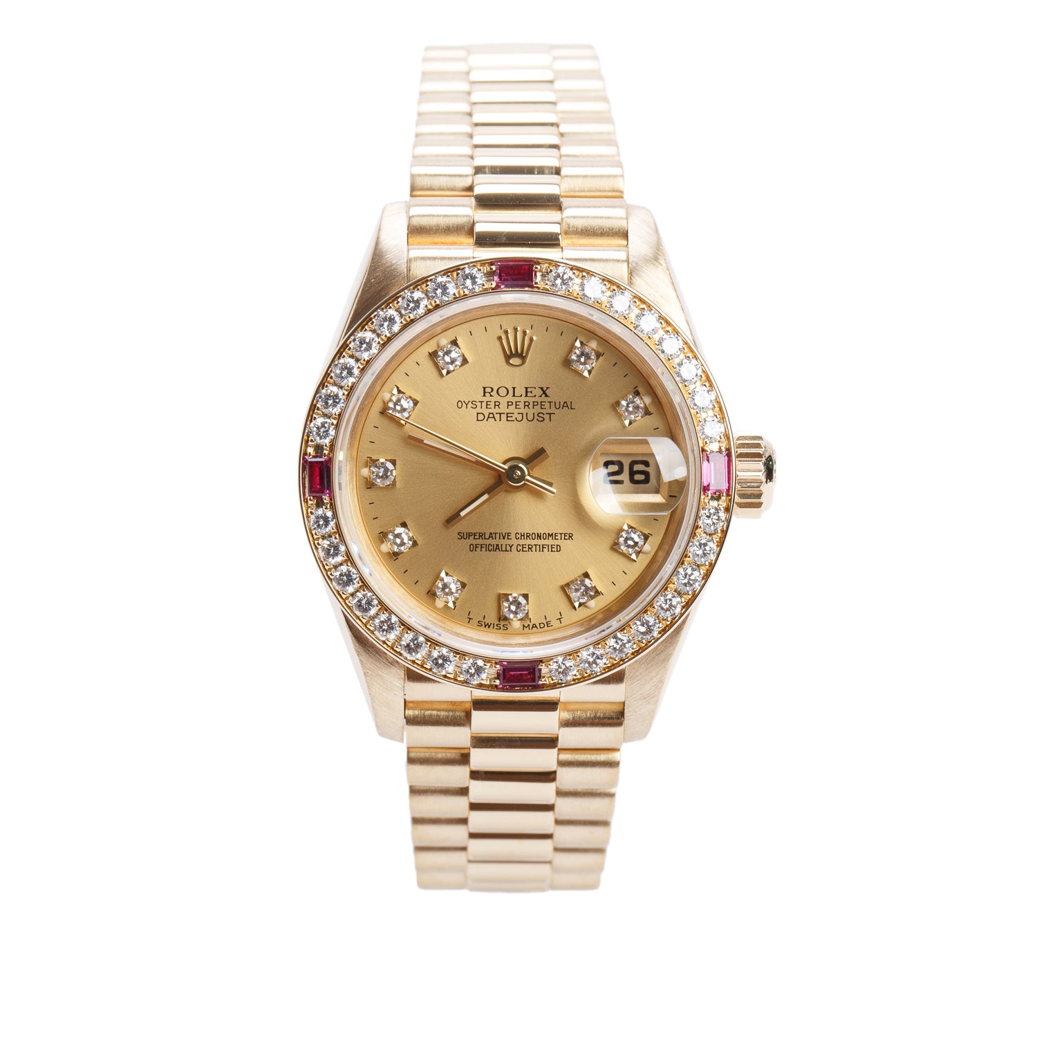 Rolex 18k Yellow Gold Factory Diamond & Ruby Bezel Lady-Datejust President 26 MM Automatic Watch Champagne Diamond Dial 69068 w/ Box & Papers
