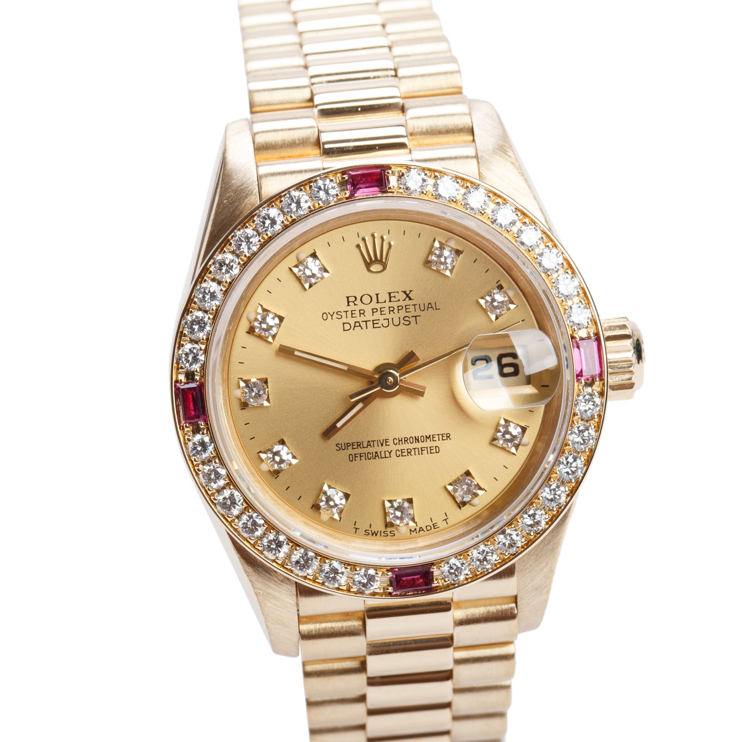 Rolex 18k Yellow Gold Factory Diamond & Ruby Bezel Lady-Datejust President 26 MM Automatic Watch Champagne Diamond Dial 69068 w/ Box & Papers