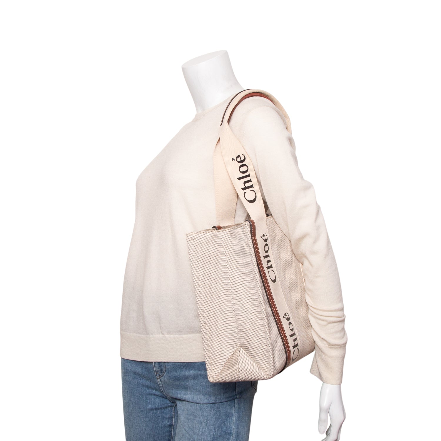 Chloe 2022 Beige Calfskin Linen Medium Woody Tote Bag