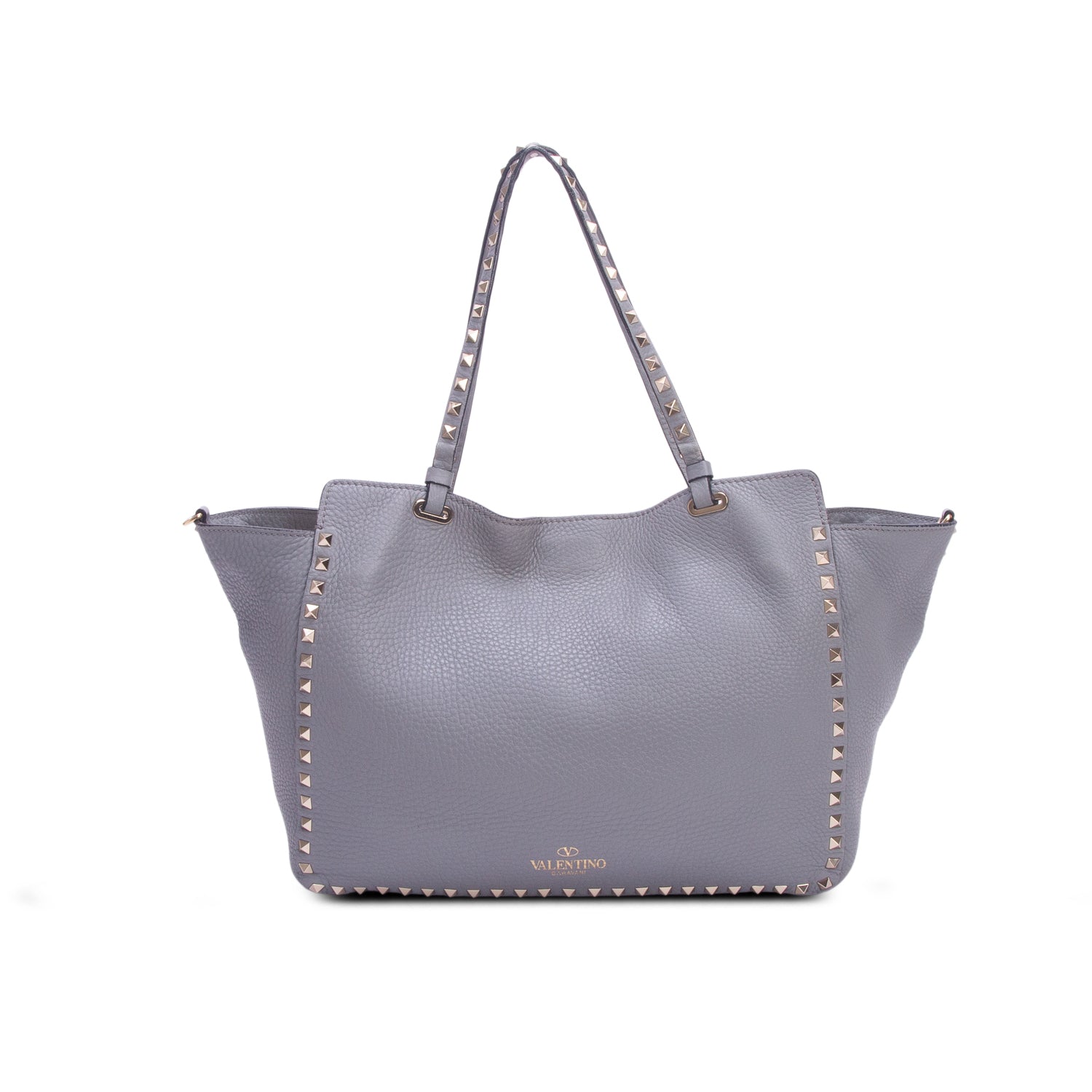 Valentino Grey Pebbled Calfskin Medium Rockstud Tote w/ Strap