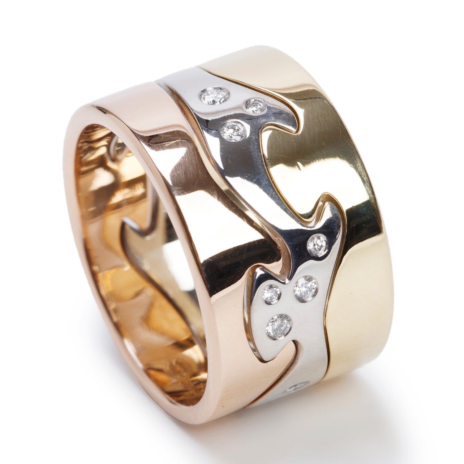 Georg Jensen 18k Tri-Gold & Diamond 3 Piece Fusion Ring, Size 65 11 w/ Receipt