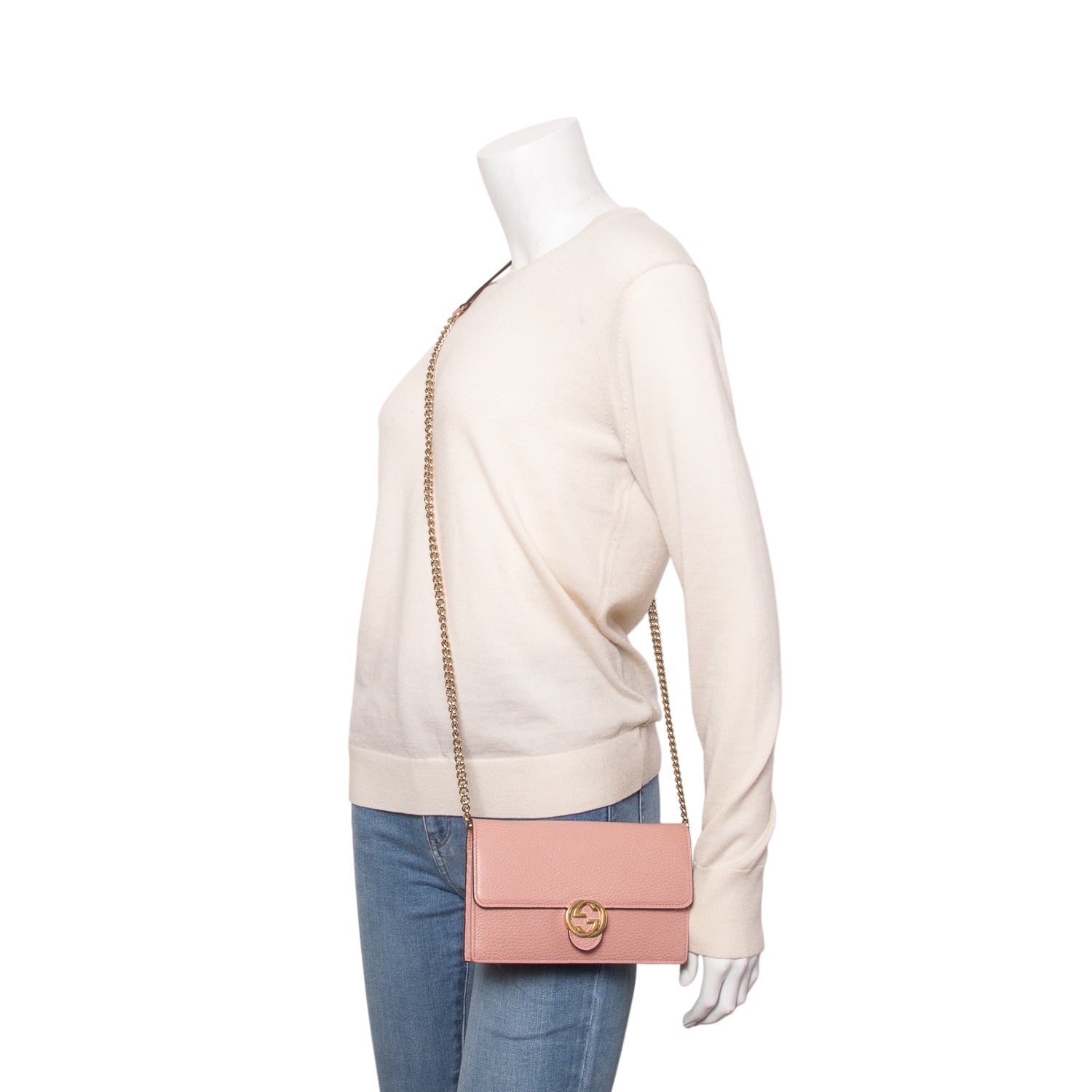 Gucci Pink Dollar Calfskin Leather Interlocking G Chain Wallet