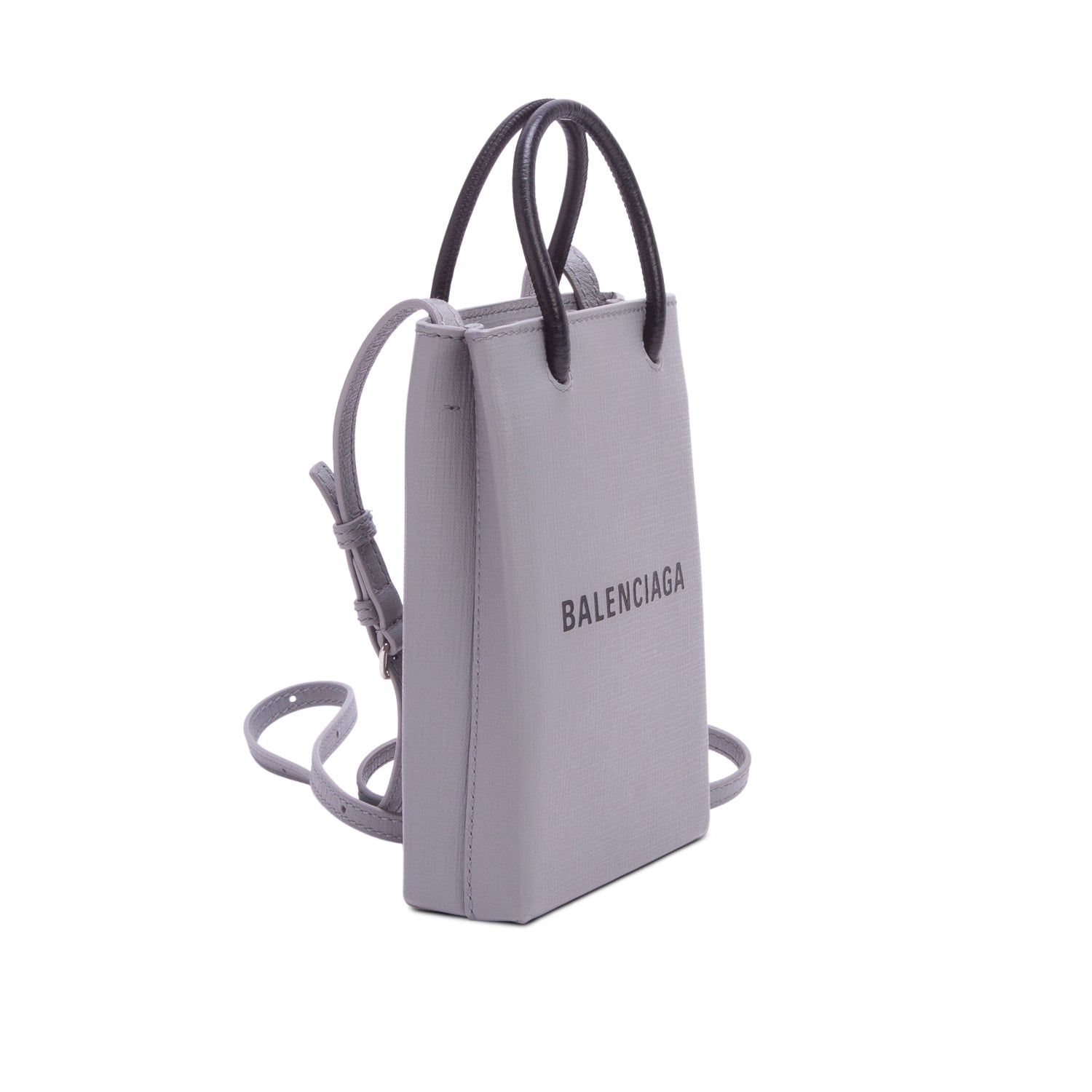 Balenciaga Grey Squared Calfskin Logo Shopping Phone Holder Bag