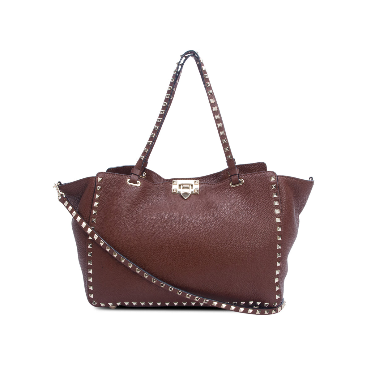 Valentino Brown Pebbled Calfskin Medium Rockstud Tote w/ Strap