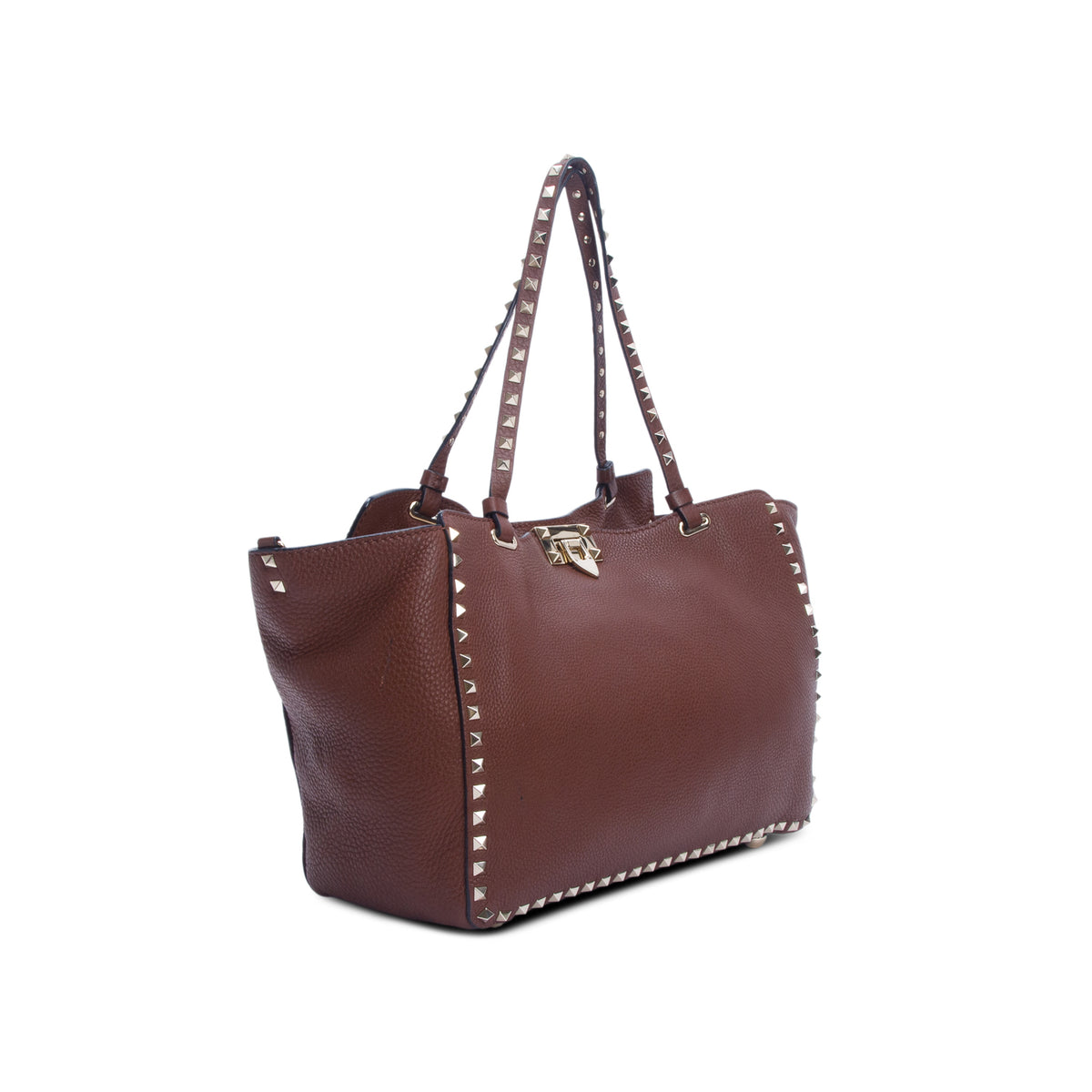 Valentino Brown Pebbled Calfskin Medium Rockstud Tote w/ Strap
