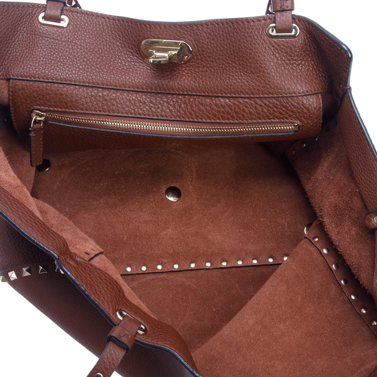 Valentino Brown Pebbled Calfskin Medium Rockstud Tote w/ Strap