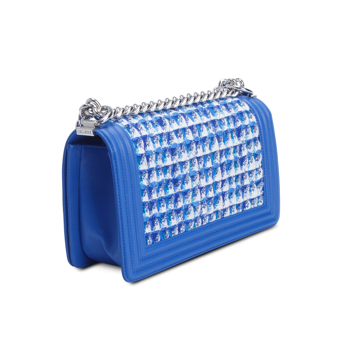 Chanel Blue Tweed Calfskin Medium Boy Bag w/ Authenticity Card