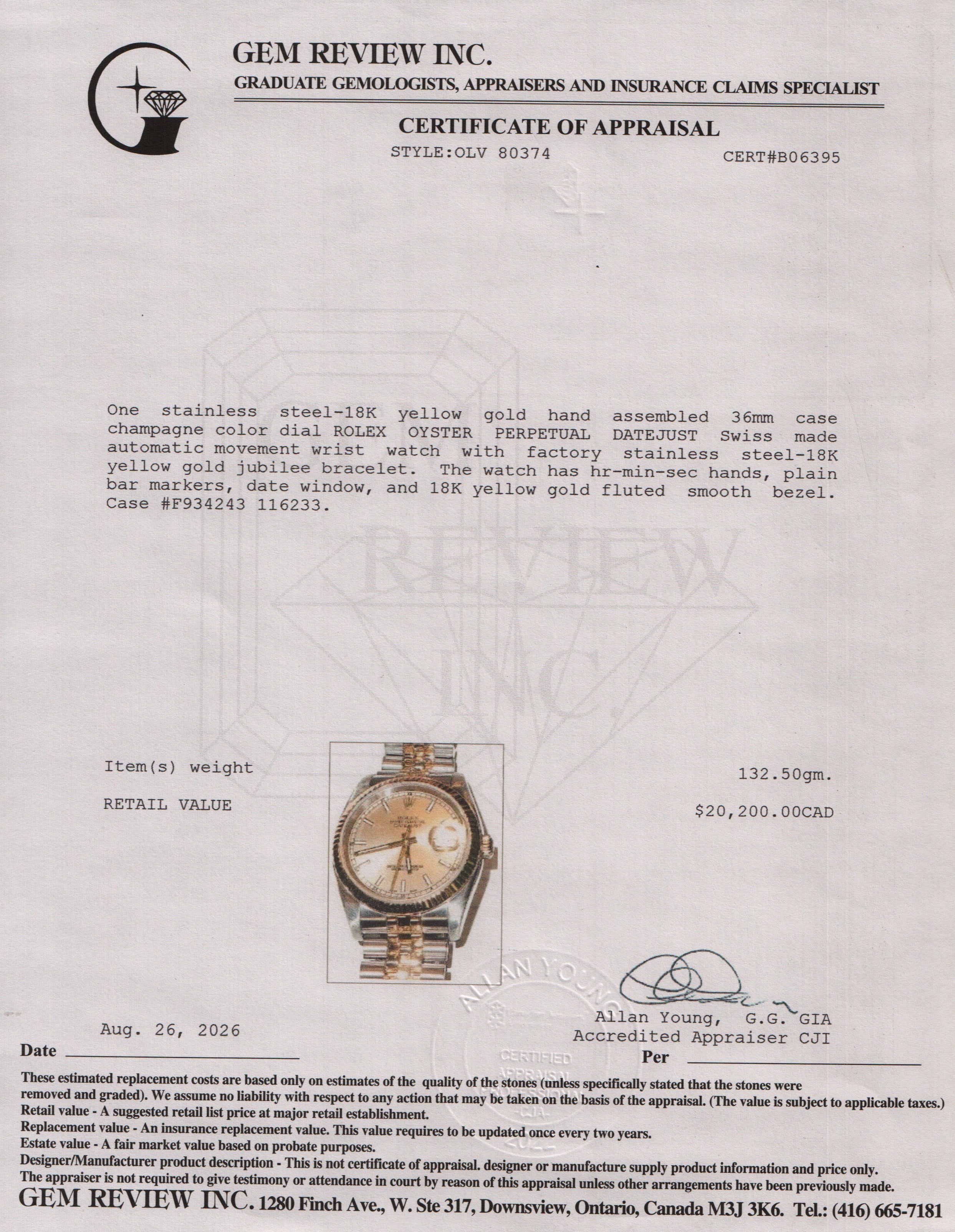 Rolex Stainless Steel & 18k Yellow Gold Datejust 36 MM Automatic Watch Champagne Dial 116233 w/ Box & Papers