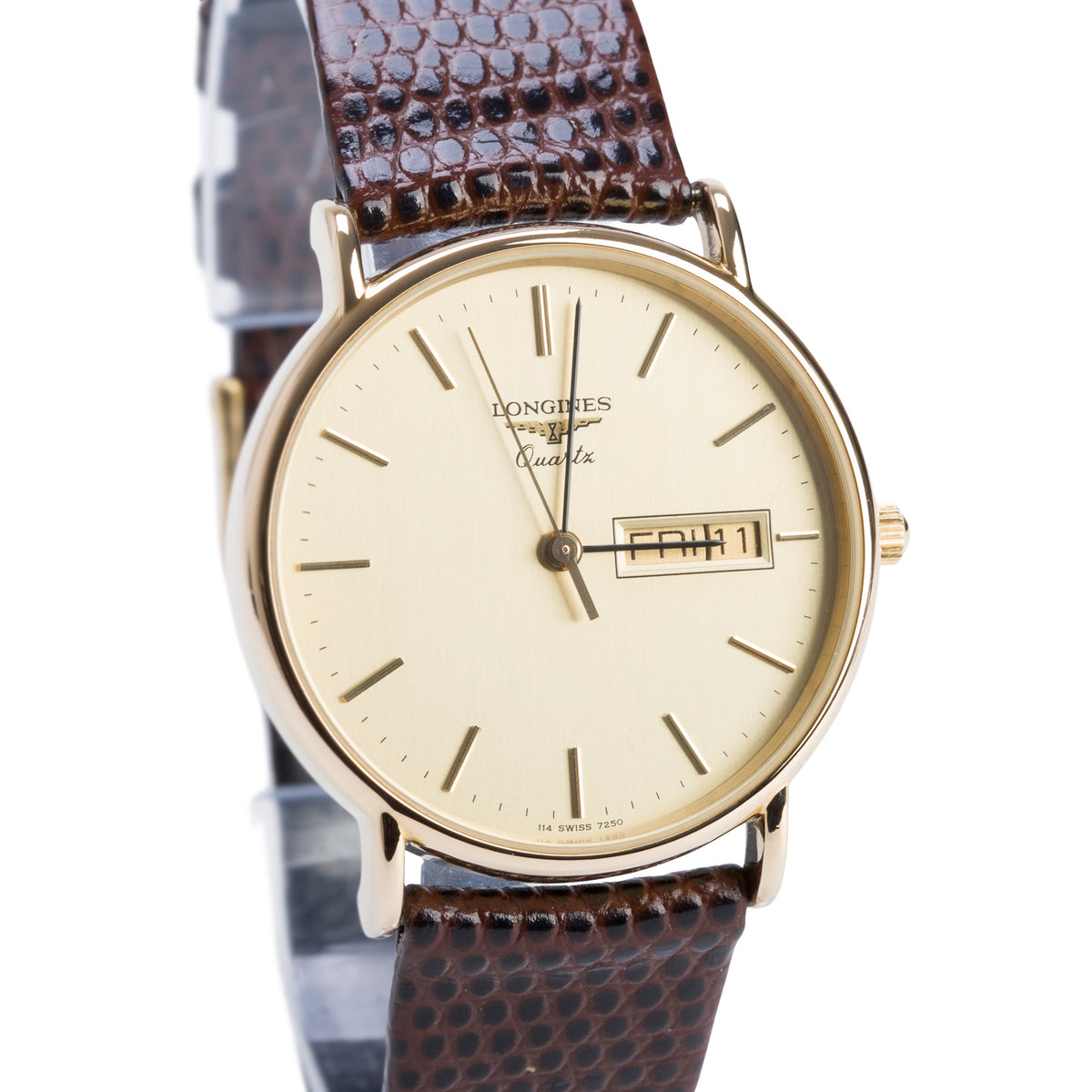 Longines Vintage Gold Plated Stainless Steel 33 MM Quartz Day Date Watch Gold Dial w/ Box