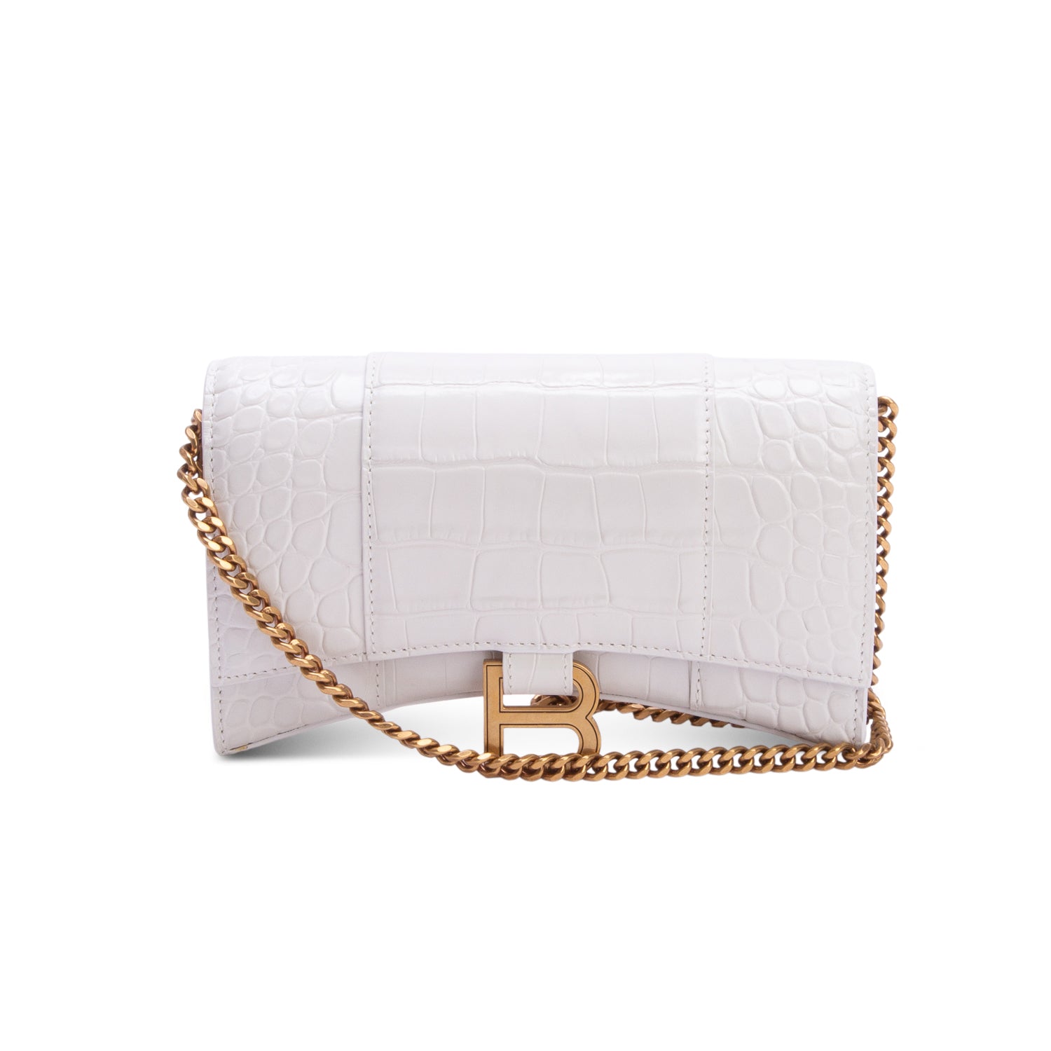 Balenciaga White Shiny Calfskin Croc Embossed Hourglass Wallet on Chain w/ Box