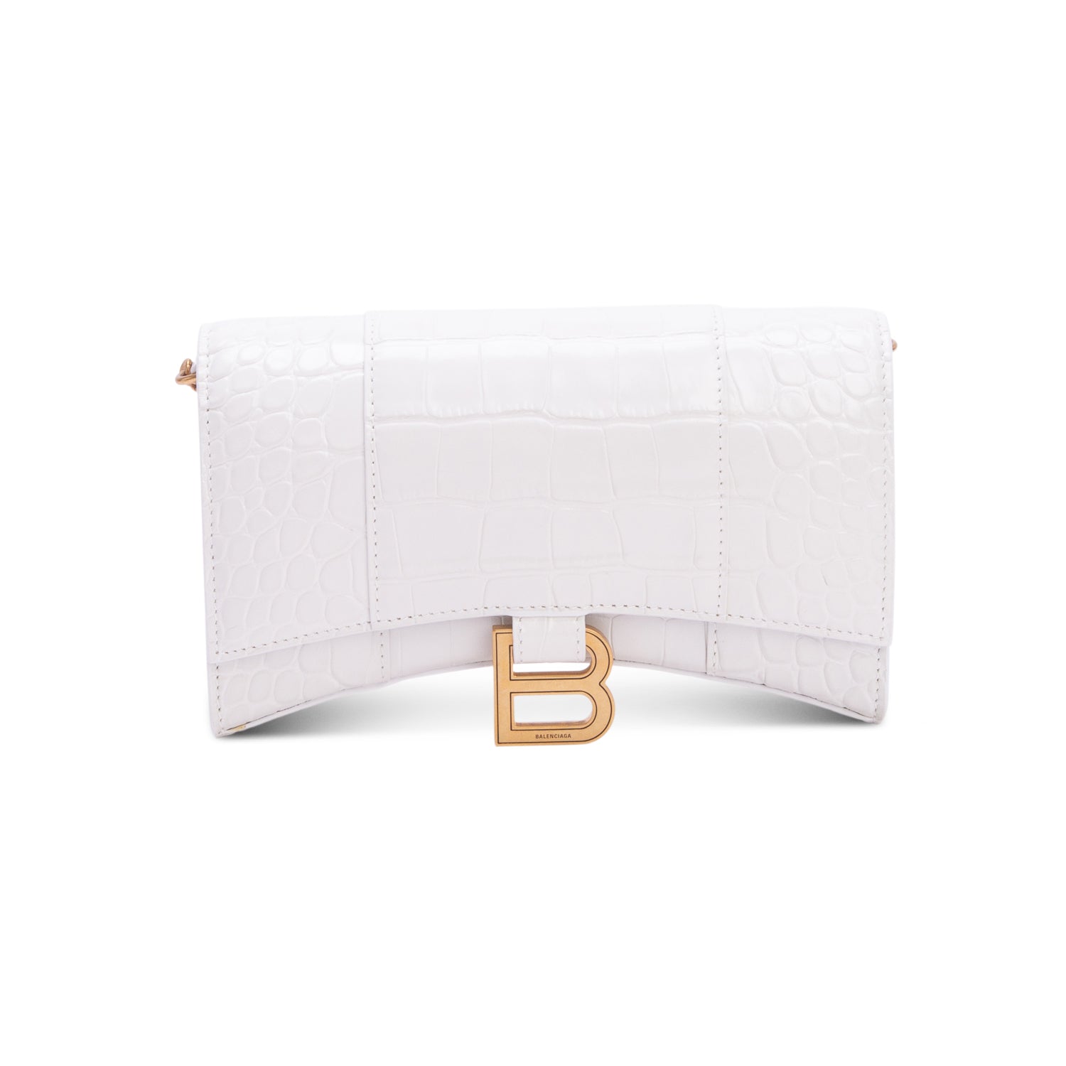 Balenciaga White Shiny Calfskin Croc Embossed Hourglass Wallet on Chain w/ Box