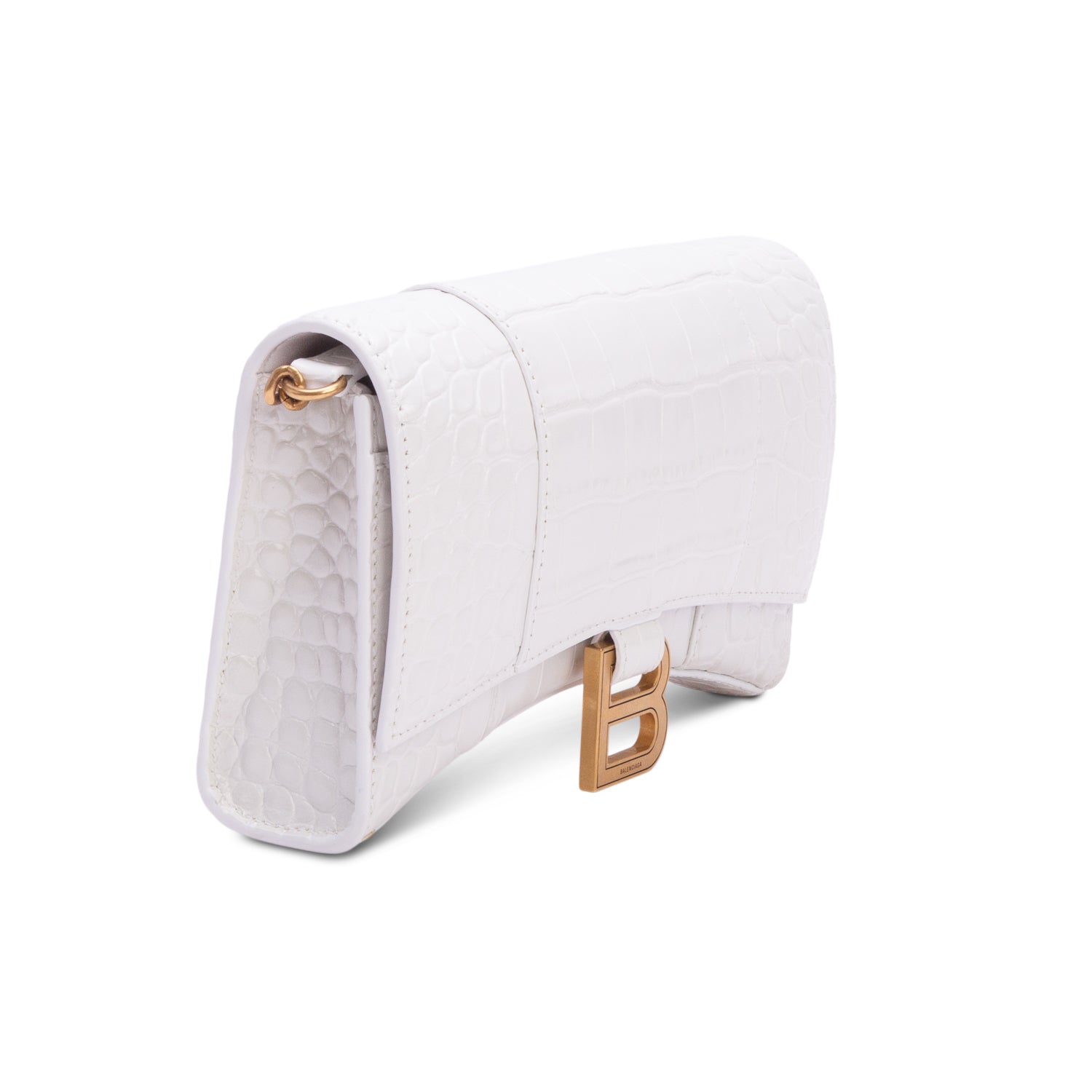 Balenciaga White Shiny Calfskin Croc Embossed Hourglass Wallet on Chain w/ Box