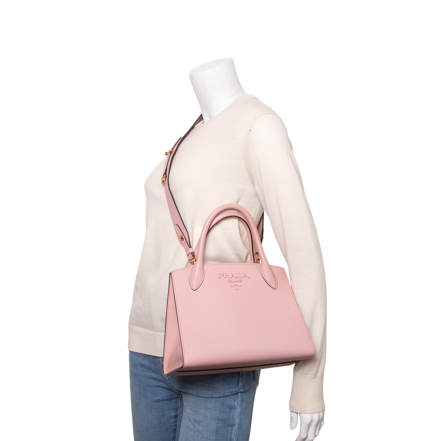 Prada Pink Saffiano Cuir Calfskin Small Monochrome Top Handle Tote w/ Box, Authenticity Card & Strap