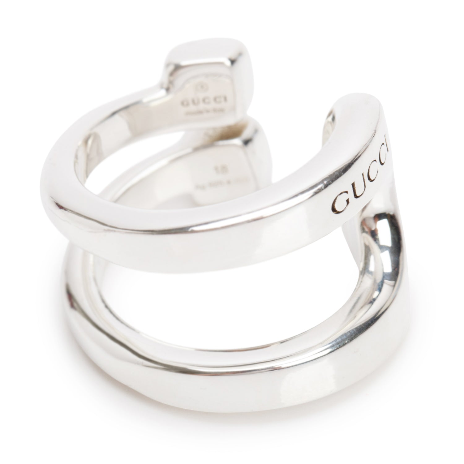 Gucci Sterling Silver Wide Stirrup Wrapped Horsebit Ring, Size 9.5