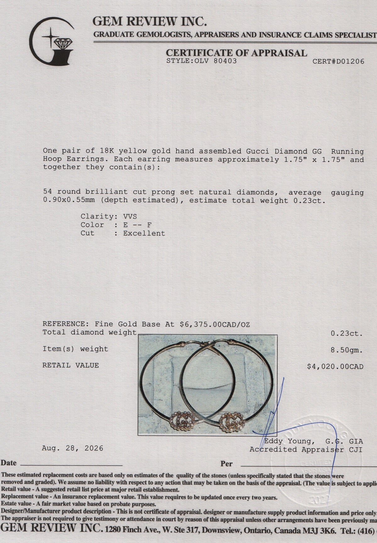 Gucci 18k Yellow Gold Diamond GG Running Hoop Earrings w/ Box