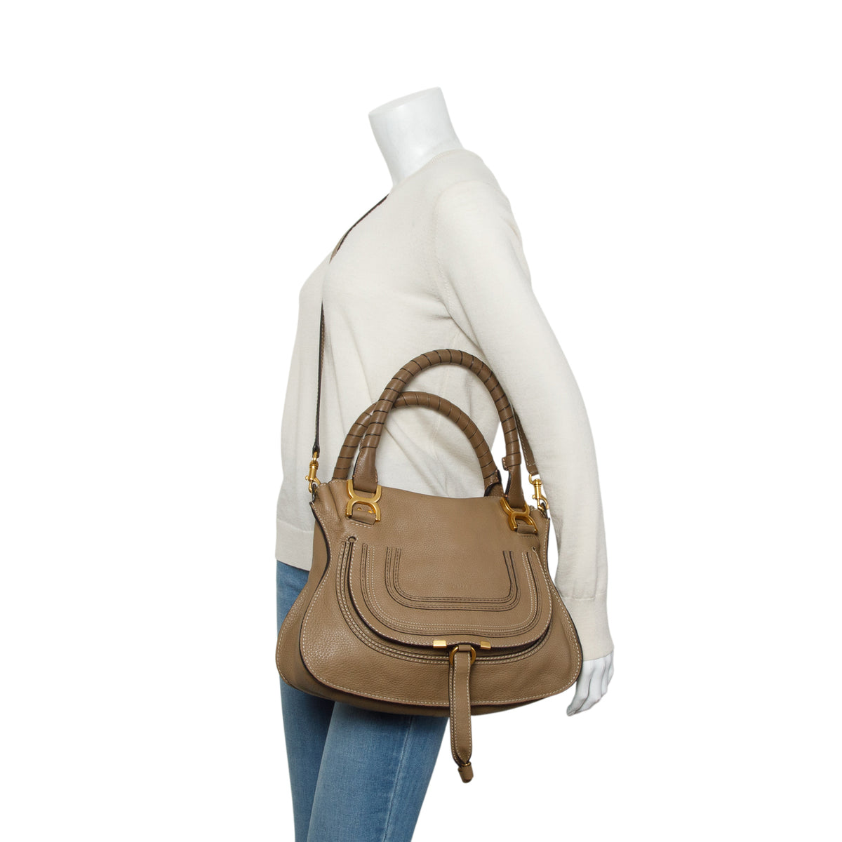 Chloe Brown Calfskin Leather Medium Marcie Shoulder Bag w/ Strap