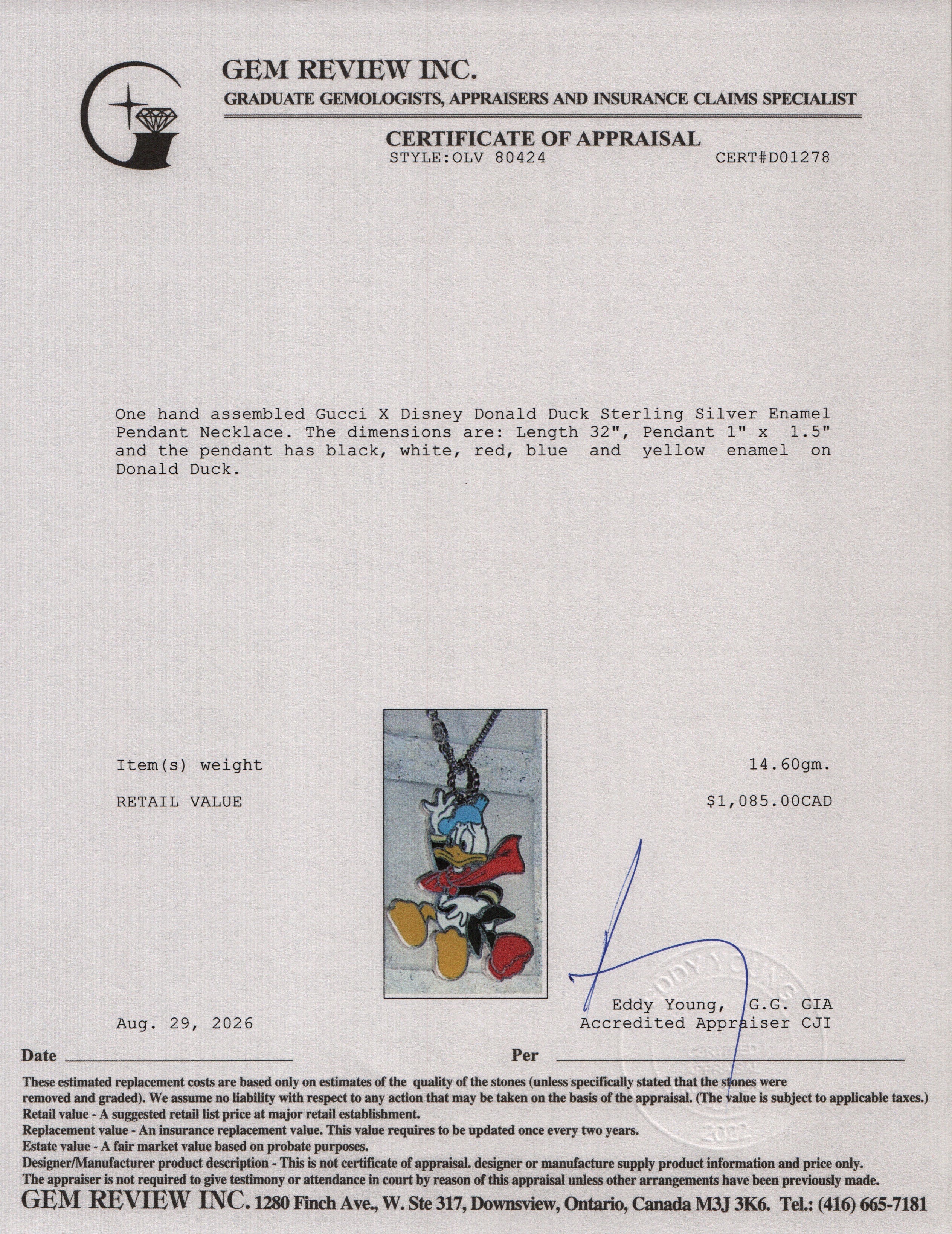Gucci X Disney Donald Duck Sterling Silver Enamel Pendant Necklace