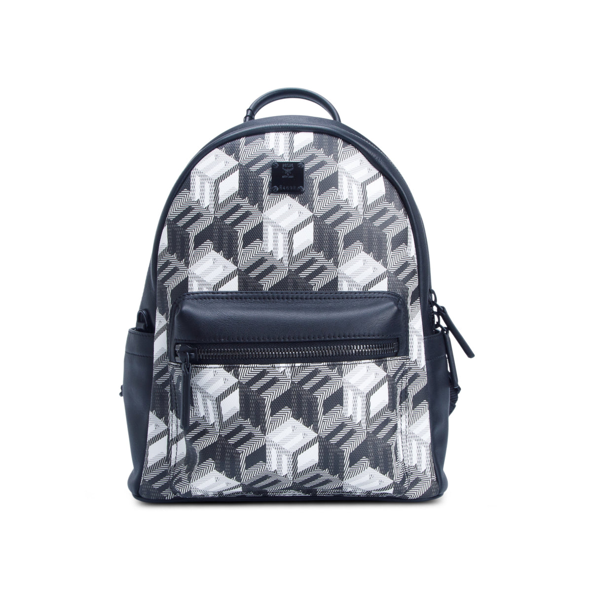 MCM Black & White Canvas/Leather Cubic Monogram Rucksack Stark Small Backpack