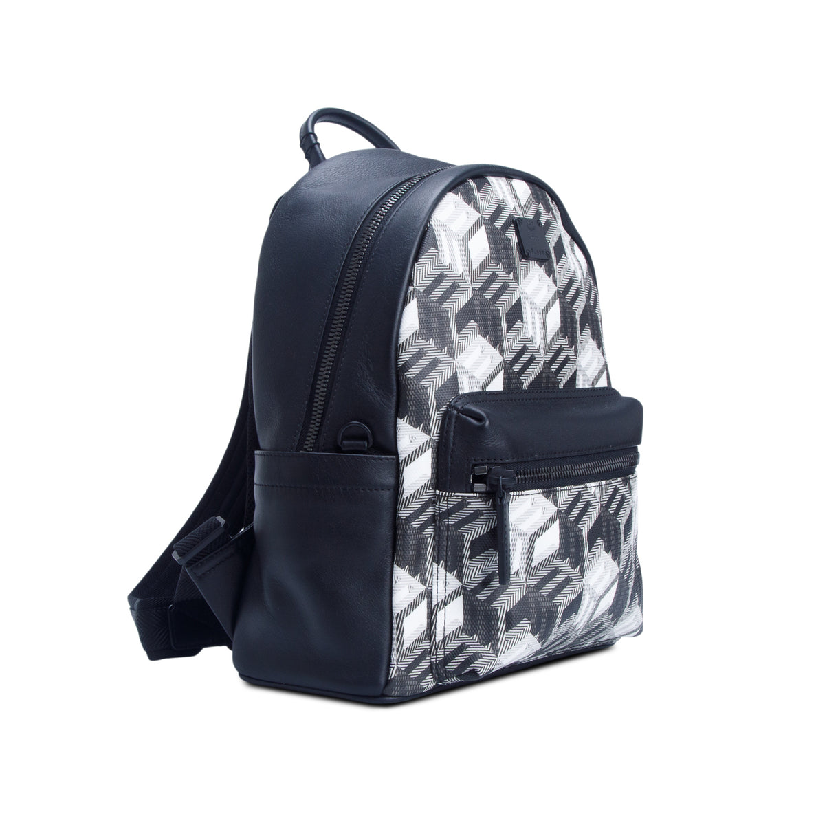 MCM Black & White Canvas/Leather Cubic Monogram Rucksack Stark Small Backpack