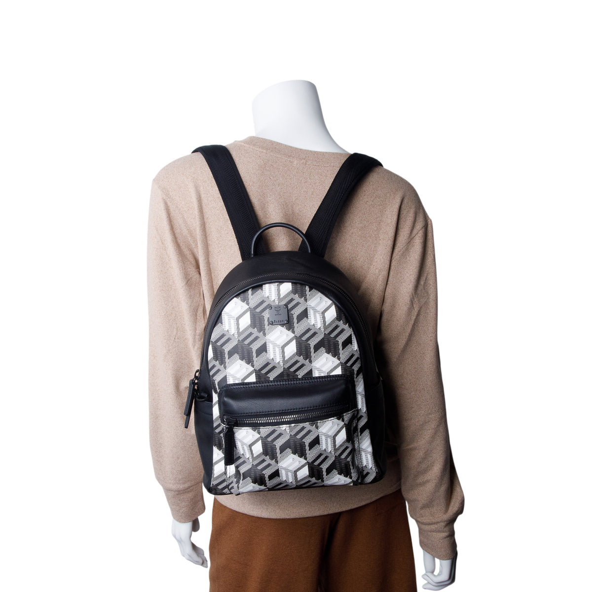 MCM Black & White Canvas/Leather Cubic Monogram Rucksack Stark Small Backpack