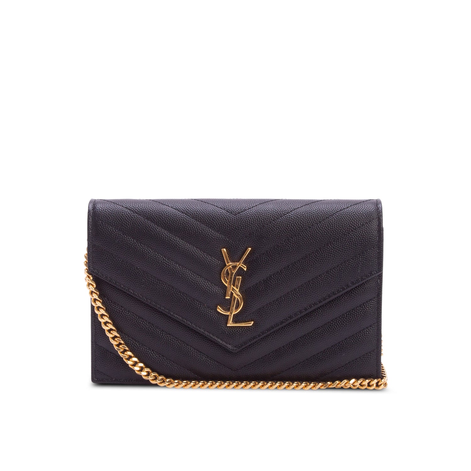Saint Laurent 2025 Black Grain De Poudre Chevron Cassandre Envelope Chain Wallet w/ Box