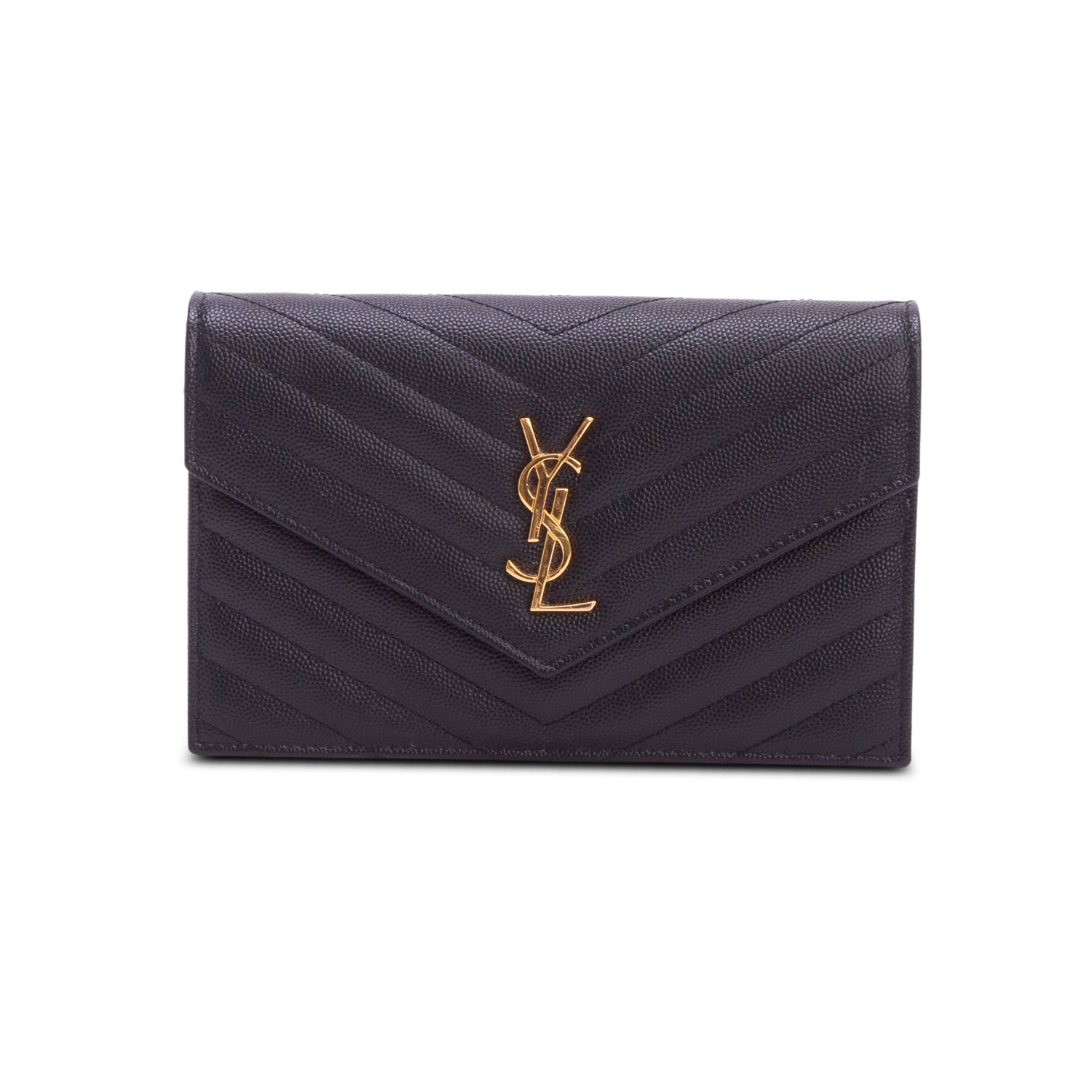 Saint Laurent 2025 Black Grain De Poudre Chevron Cassandre Envelope Chain Wallet w/ Box