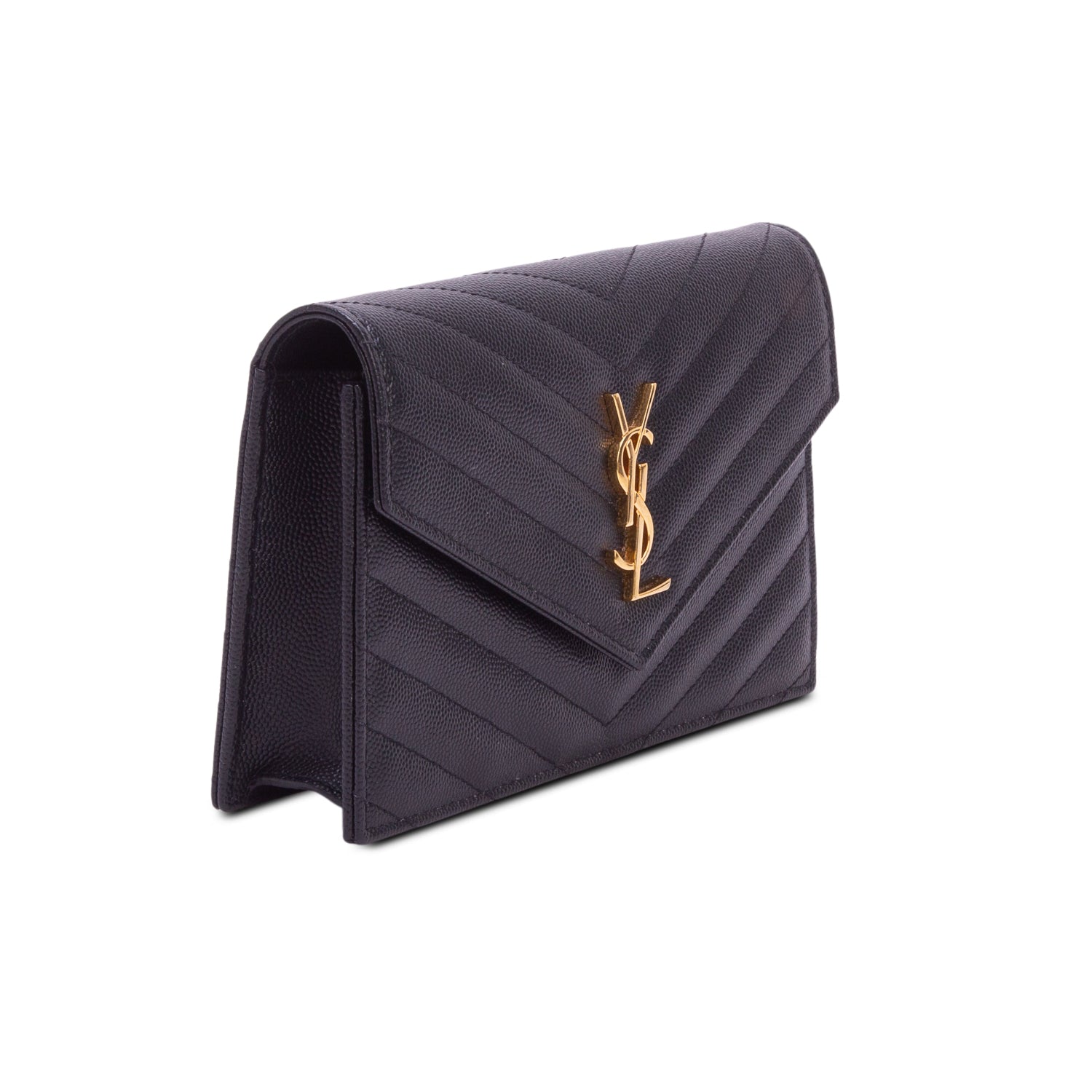 Saint Laurent 2025 Black Grain De Poudre Chevron Cassandre Envelope Chain Wallet w/ Box