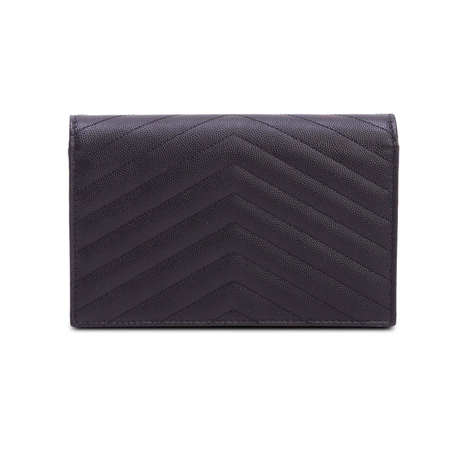 Saint Laurent 2025 Black Grain De Poudre Chevron Cassandre Envelope Chain Wallet w/ Box