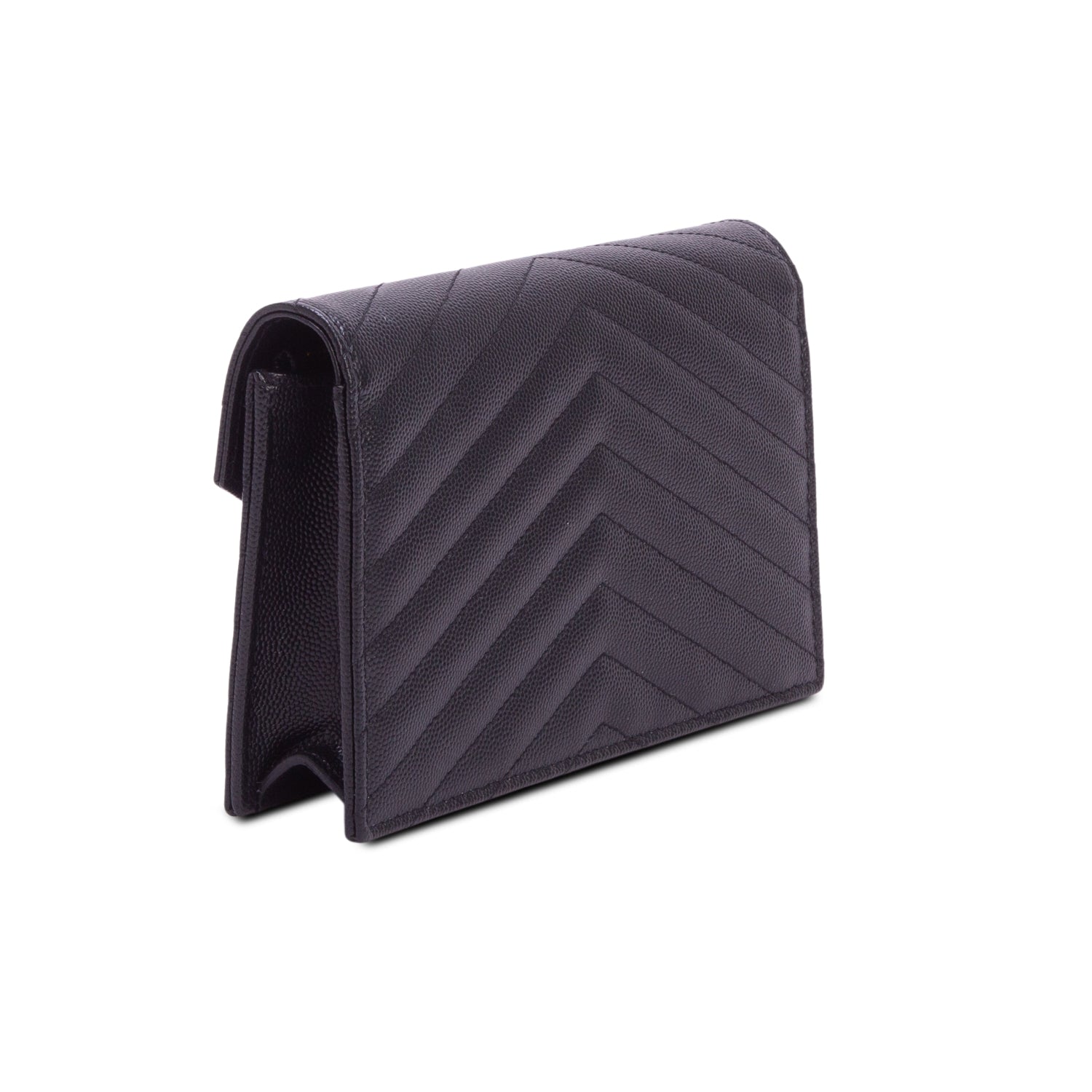 Saint Laurent 2025 Black Grain De Poudre Chevron Cassandre Envelope Chain Wallet w/ Box