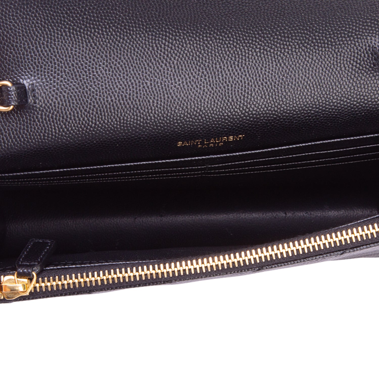 Saint Laurent 2025 Black Grain De Poudre Chevron Cassandre Envelope Chain Wallet w/ Box