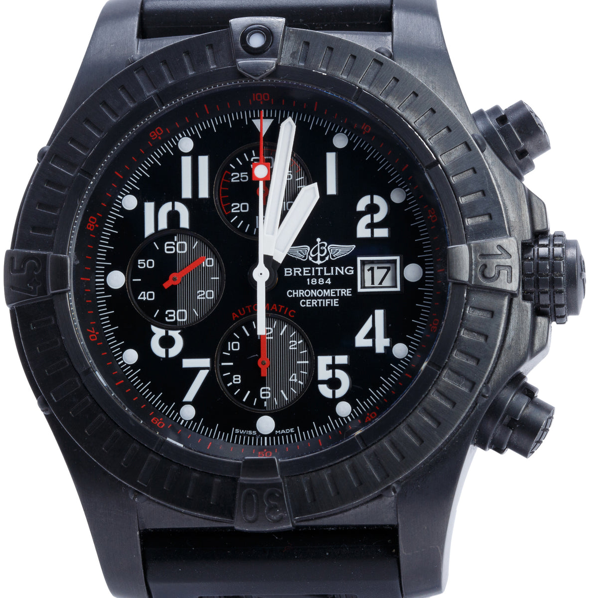 Breitling Limited Edition Black Stainless Steel Super Avenger 48 MM Automatic Chronograph Watch Black Dial M13370 w/ Papers