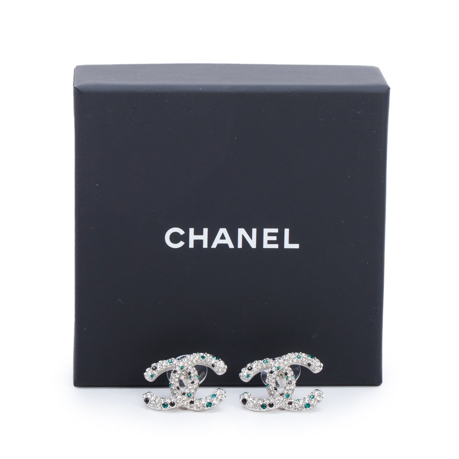 Chanel 2026 Palladium Plated Multicolor Strass CC Stud Earrings w/ Box