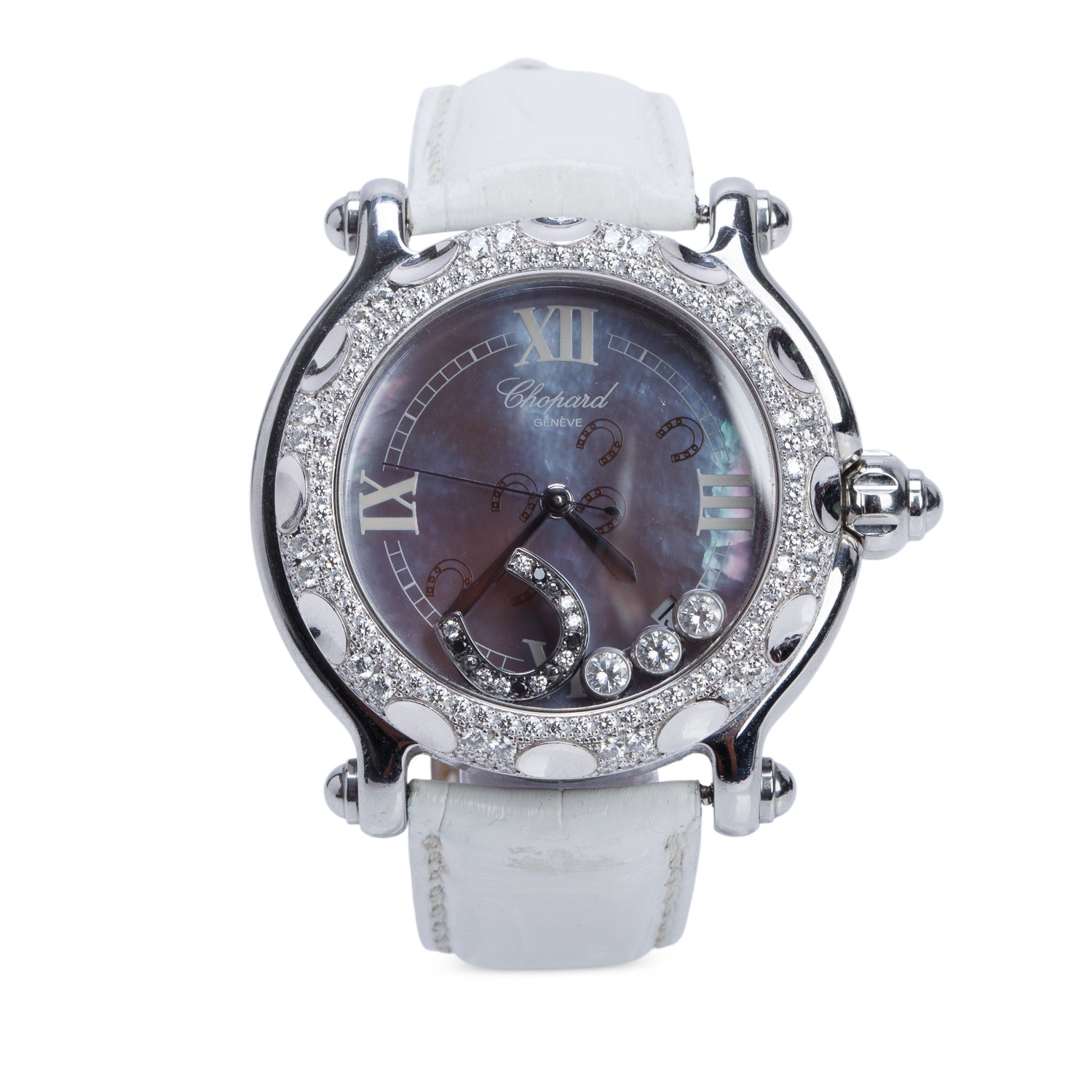Chopard Stainless Steel & 18k White Gold Diamond Bezel Happy Sport Floating Diamond & Horseshoe 38 MM Quartz Watch Mother of Pearl Dial w/ Box, Extra Straps & Papers