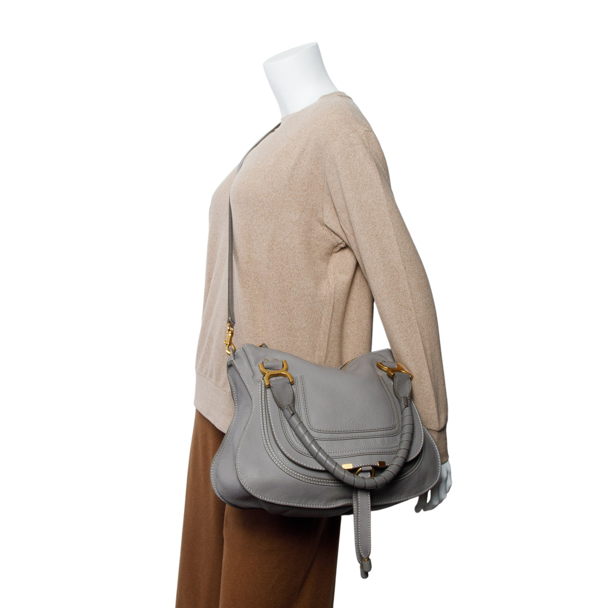 Chloe Grey Calfskin Leather Medium Marcie Shoulder Bag w/ Strap