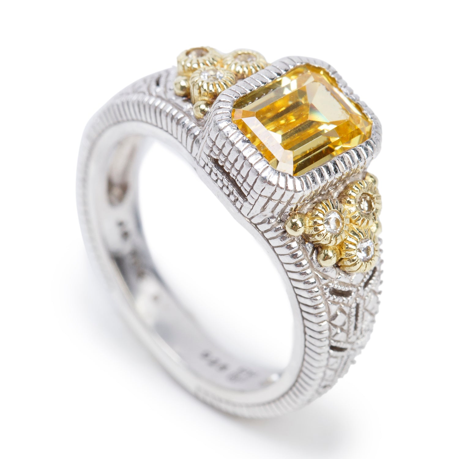 Judith Ripka Sterling Silver & 18k Yellow Gold Canary Crystal and Diamond Cocktail Ring, Size 5.75