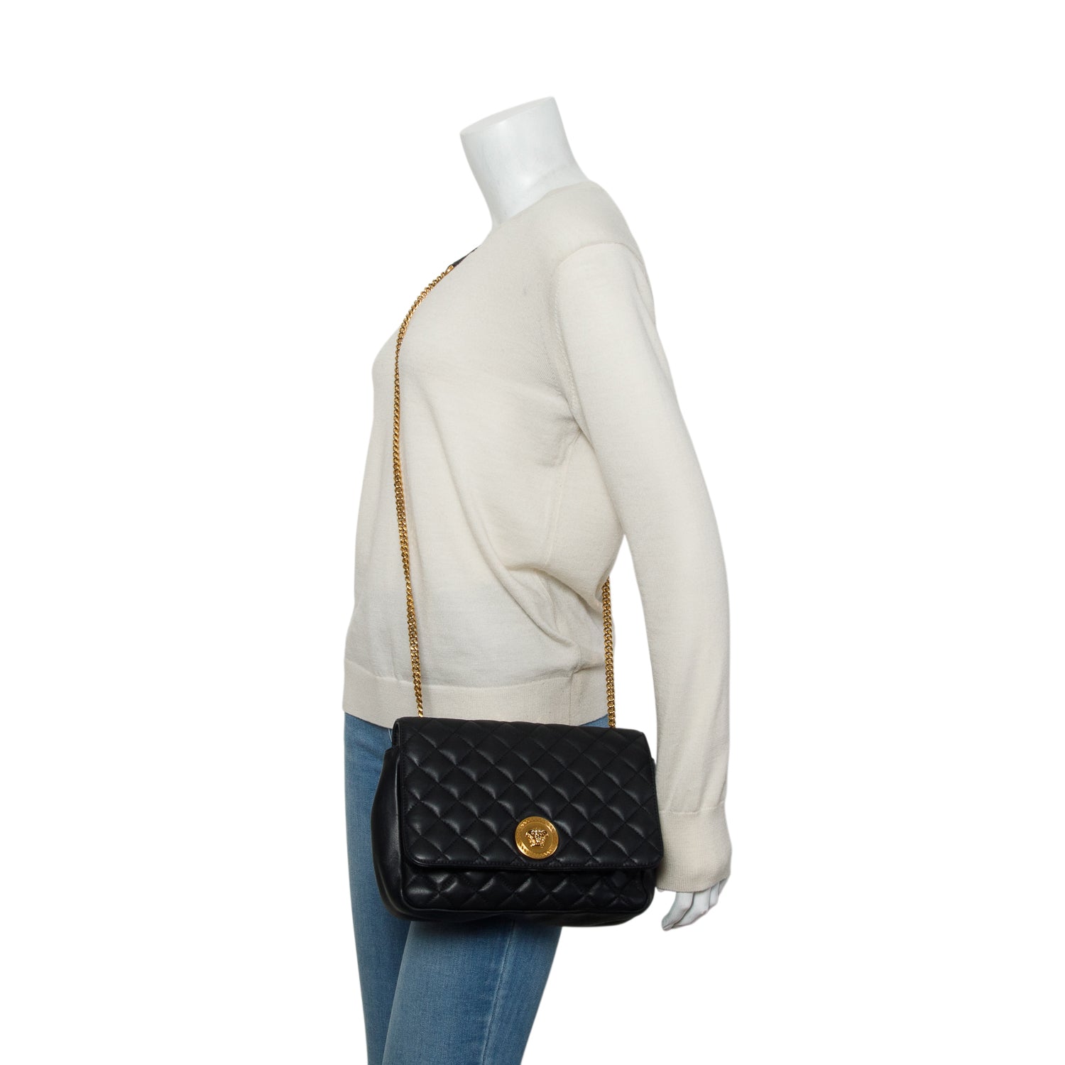 Versace Black Nappa Quilted Leather La Medusa Chain Shoulder Bag
