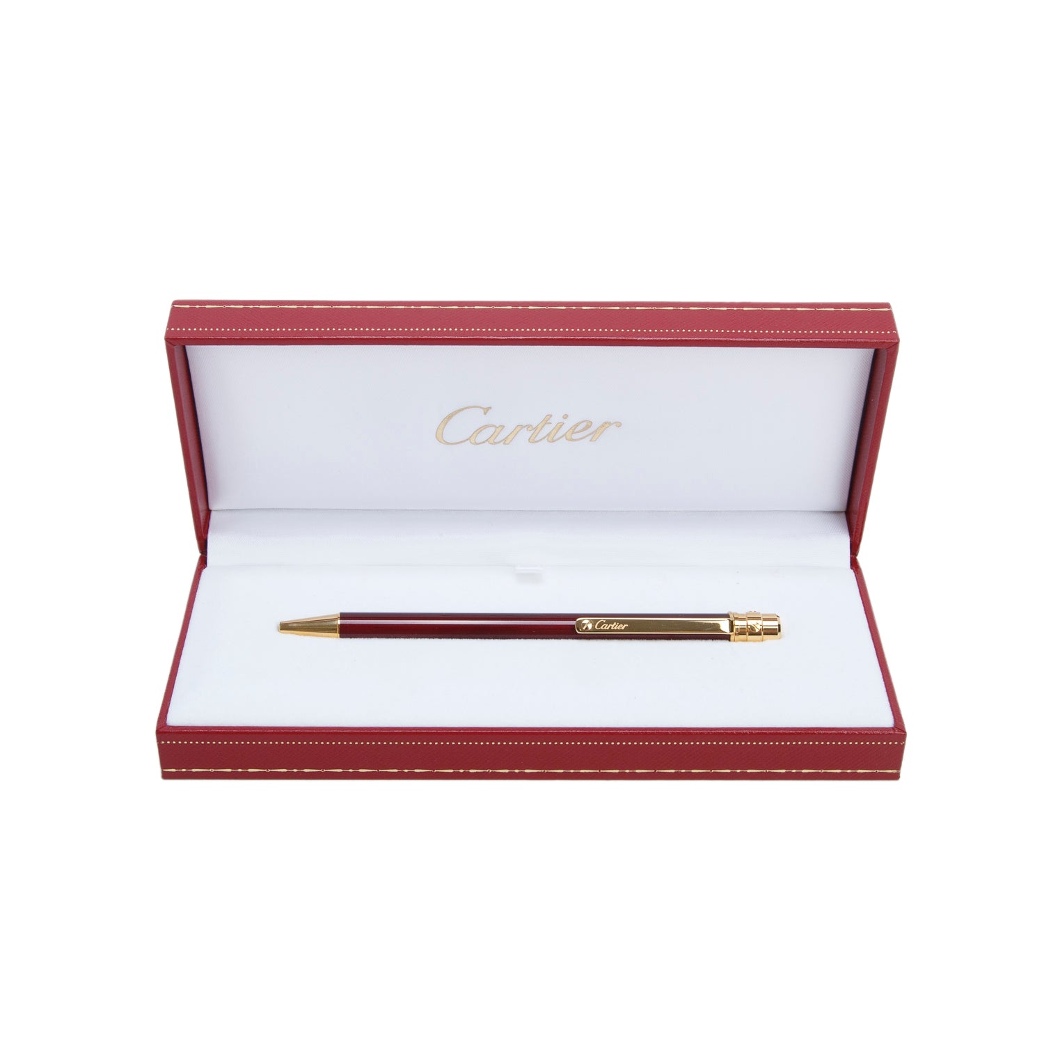 Cartier Gold-Plated Burgundy Lacquer Santos De Cartier Ballpoint Pen w/ Box