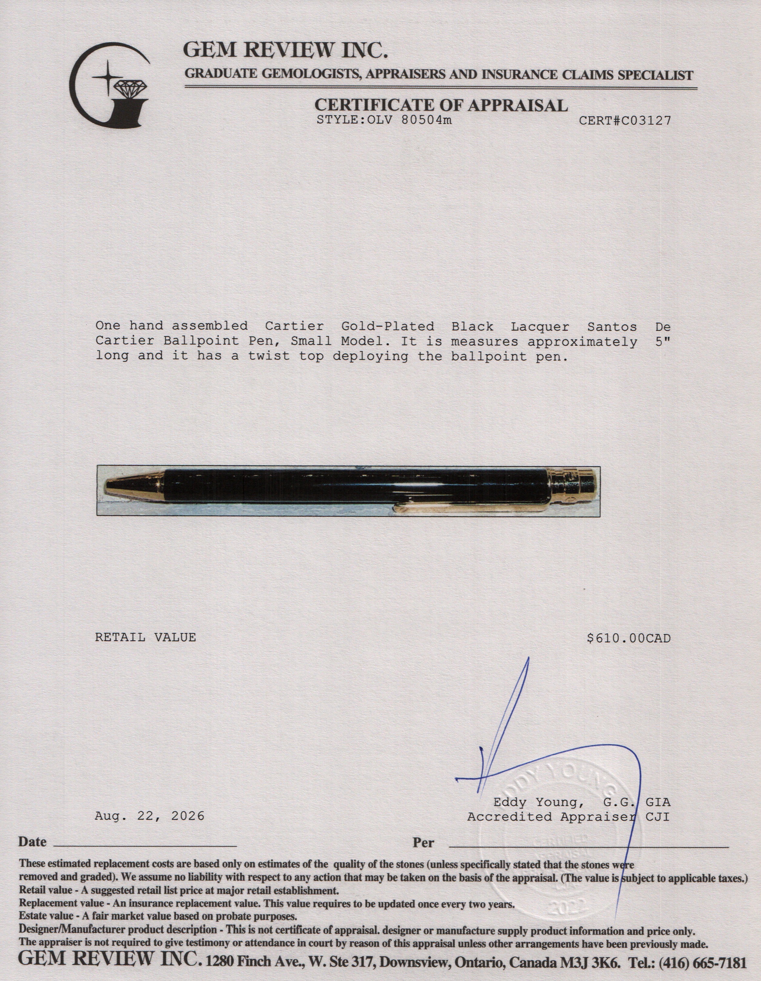 Cartier Gold-Plated Black Lacquer Santos De Cartier Ballpoint Pen, Small Model w/ Box