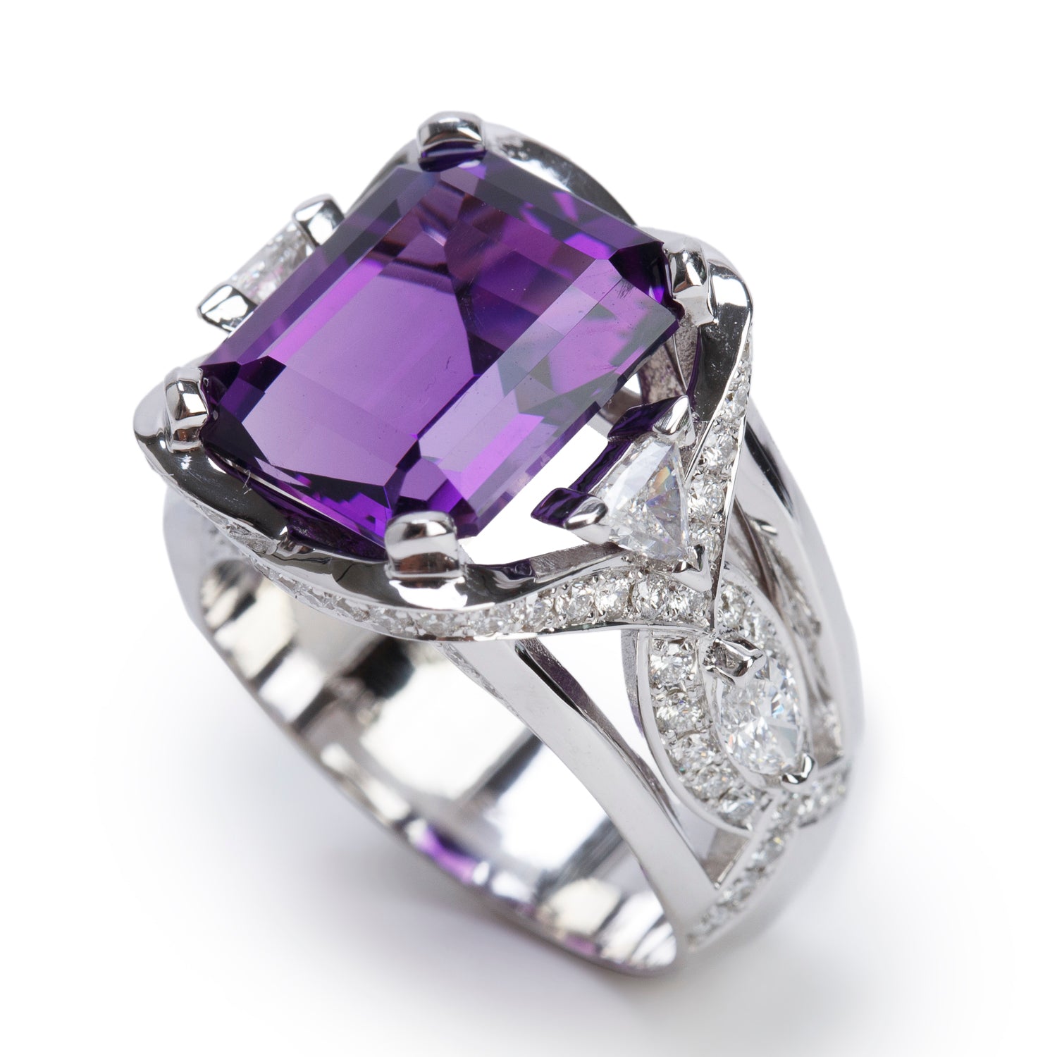 14k White Gold Amethyst & Diamond Ring, Size 7.5