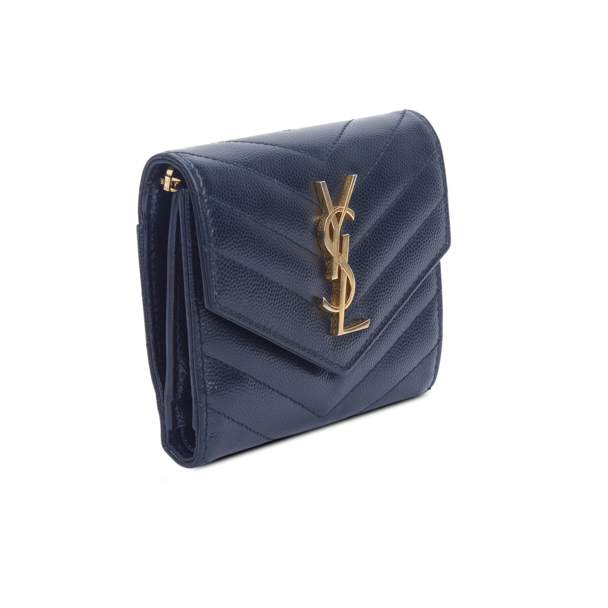Saint Laurent Black 2021 Grain de Poudre Leather Matelasse Cassandre Compact Tri-Fold Wallet