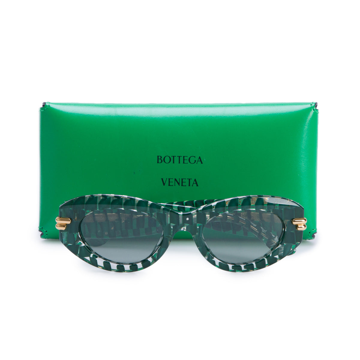 Bottega Veneta BV1322S Green Transparent Acetate Mitre Oval Sunglasses w/ Case
