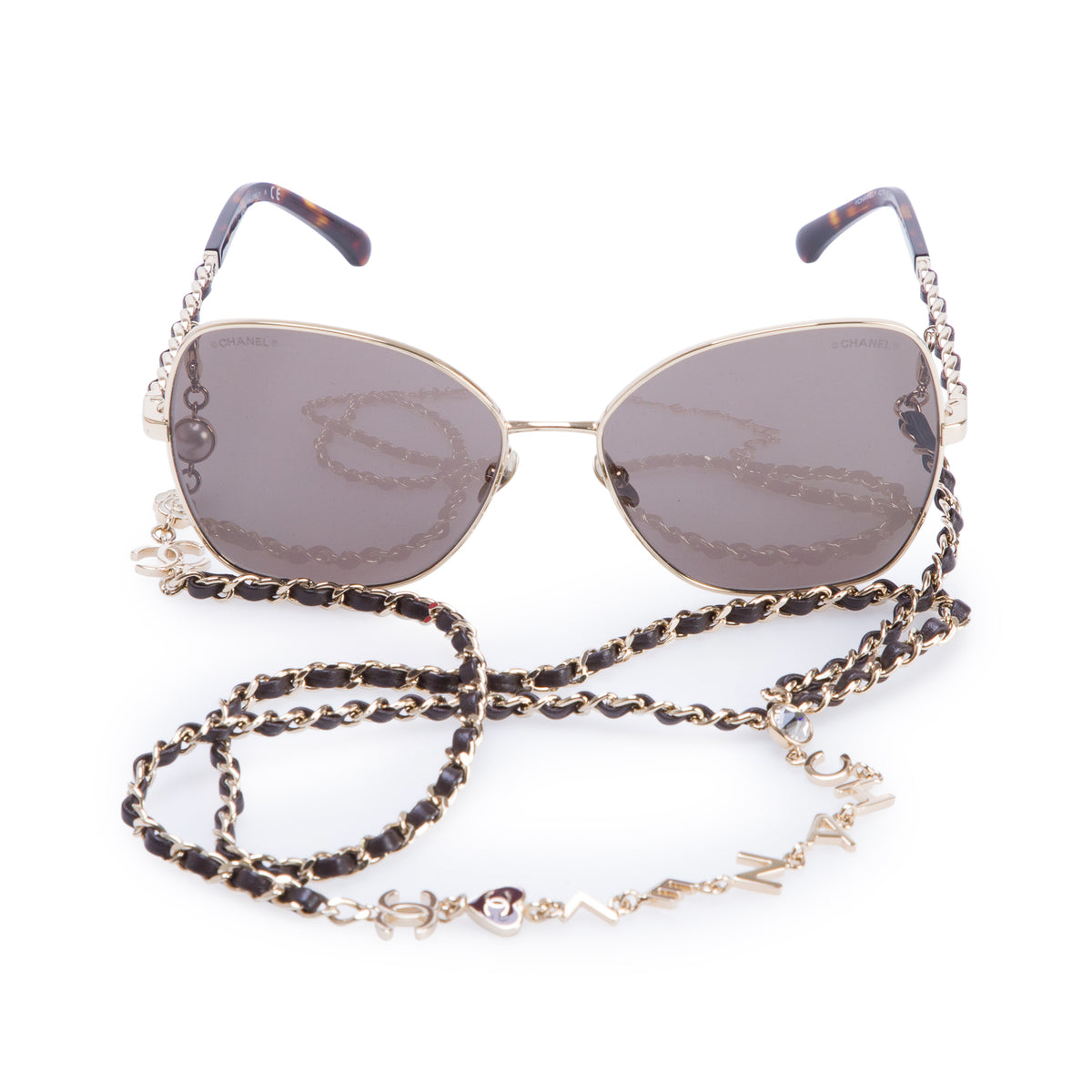 Chanel 4274-Q Gold Plated Havana Acetate Polarized Butterfly Sunglasses on Chain w/ Box & Case