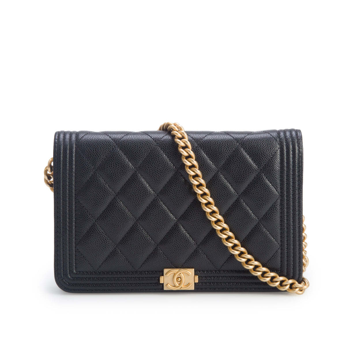 Chanel Black Caviar Leather Boy Wallet on Chain w/ Box