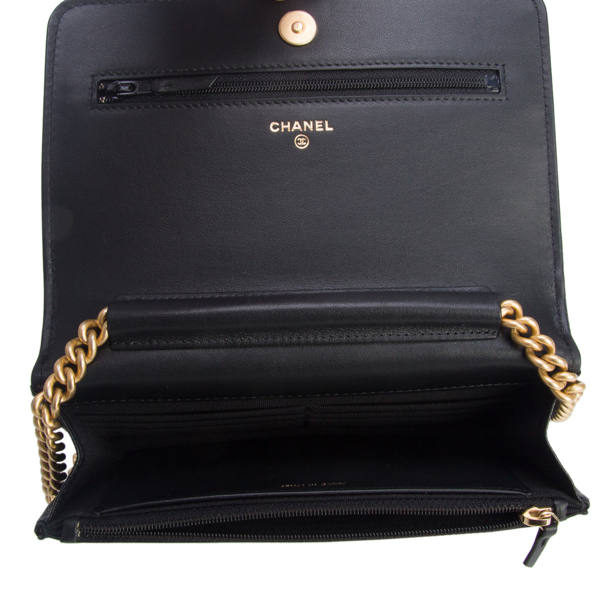 Chanel Black Caviar Leather Boy Wallet on Chain w/ Box