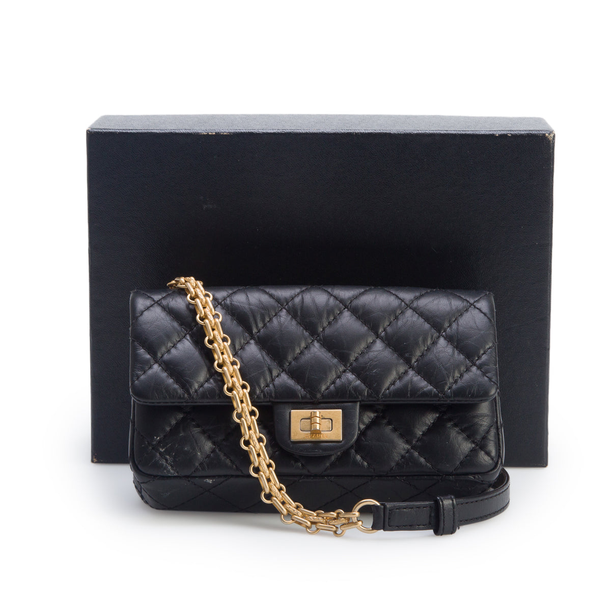 Chanel Black Aged Calfskin Quilted 2.55 Reissue Chain Waist Bag w/ Box