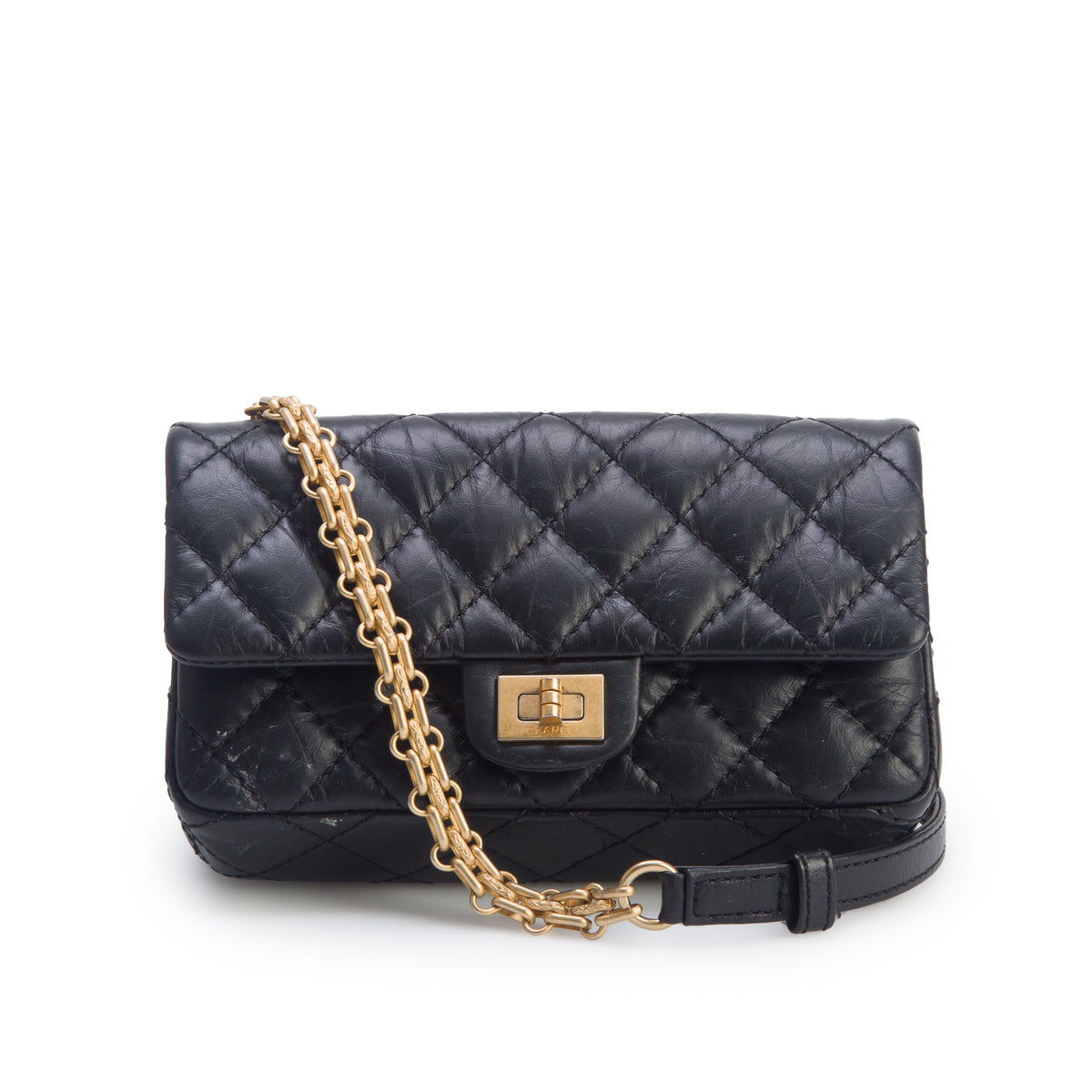 Chanel Black Aged Calfskin Quilted 2.55 Reissue Chain Waist Bag w/ Box