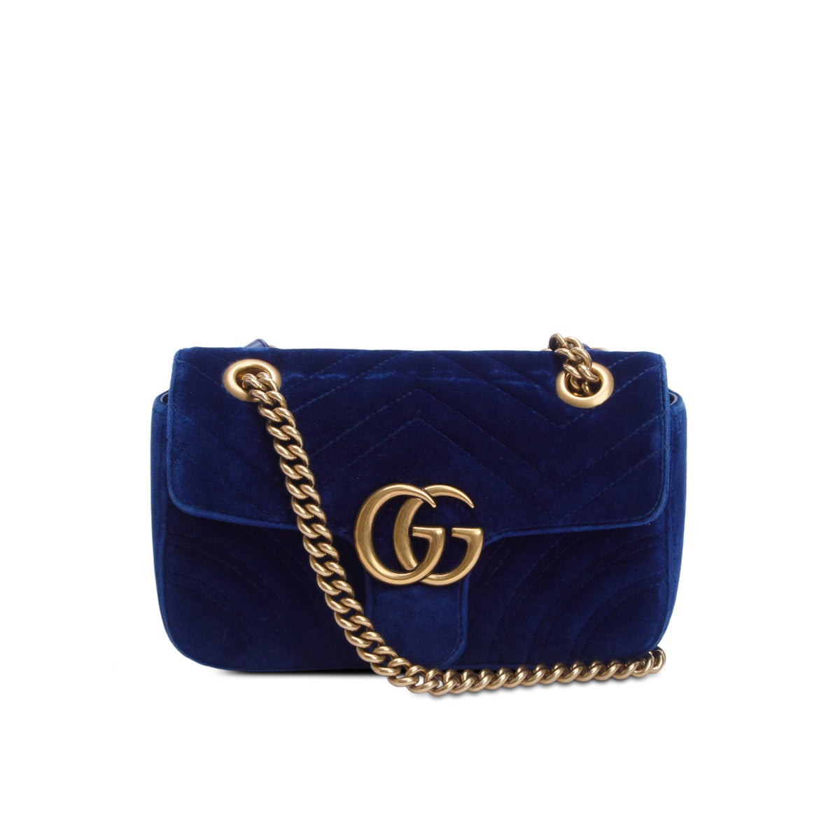 Gucci Blue Velvet Matelasse Small GG Marmont Shoulder Bag w/ Box