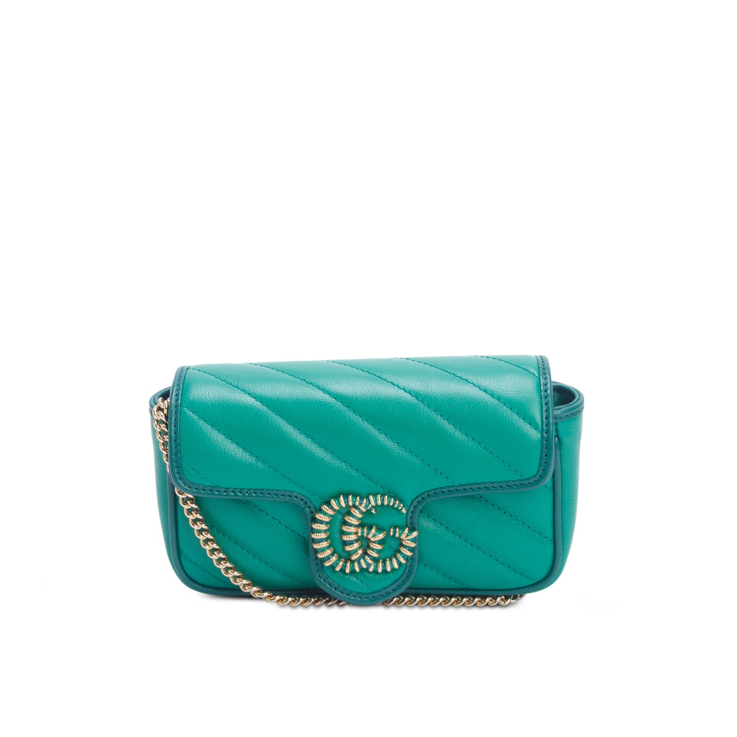 Gucci Green Azalea Calfskin Enamel Matelasse Diagonal Mini Torchon GG Marmont Shoulder Bag w/ Box