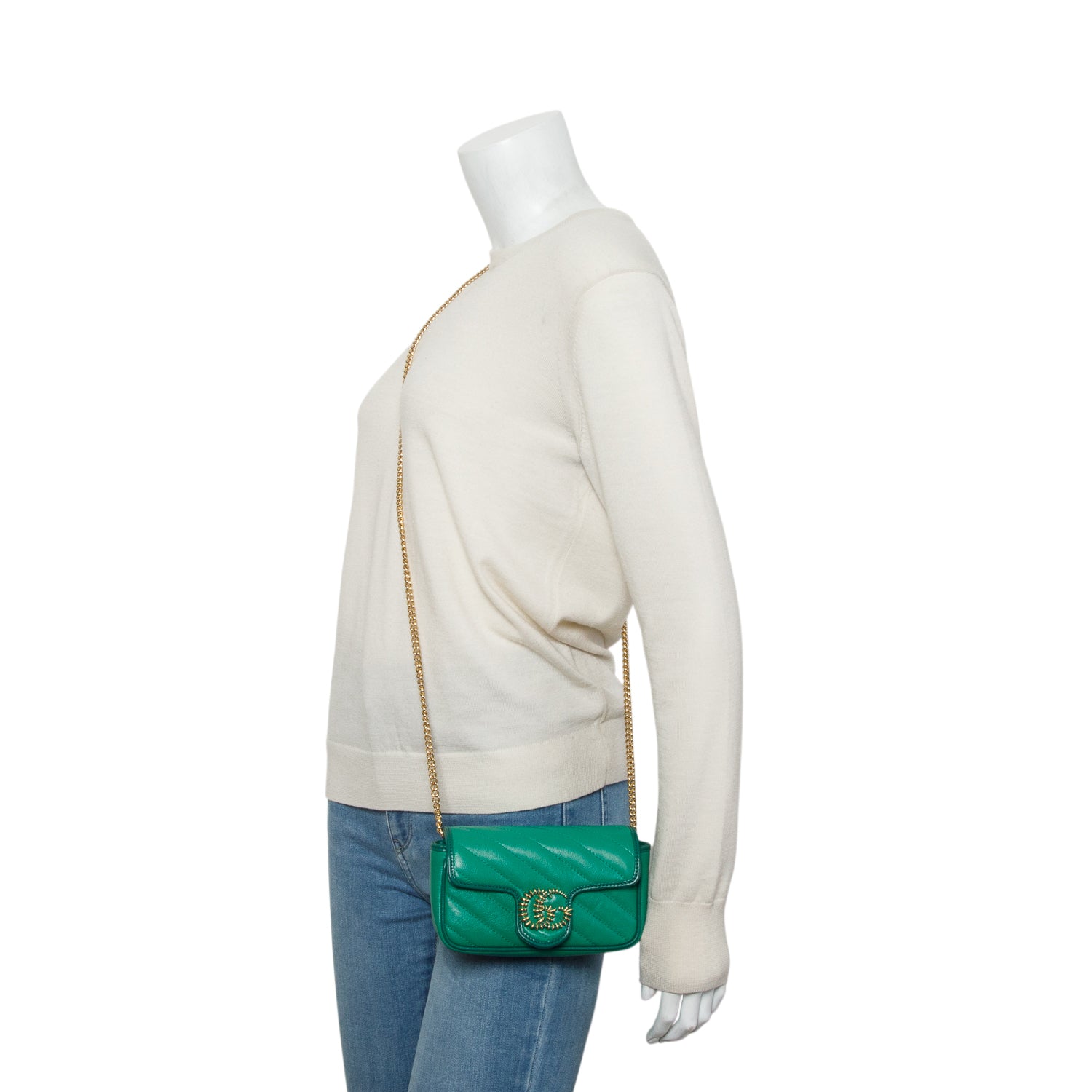 Gucci Green Azalea Calfskin Enamel Matelasse Diagonal Mini Torchon GG Marmont Shoulder Bag w/ Box