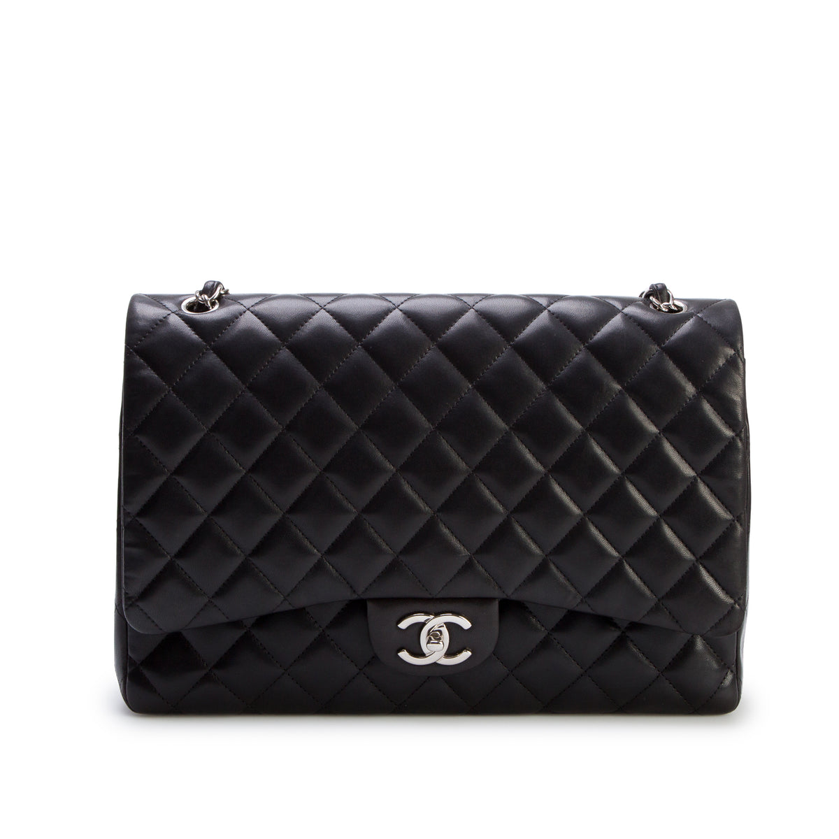 Chanel Black Quilted Lambskin Leather Classic Maxi Double Flap Bag w/ Authenticity Card & Receipt